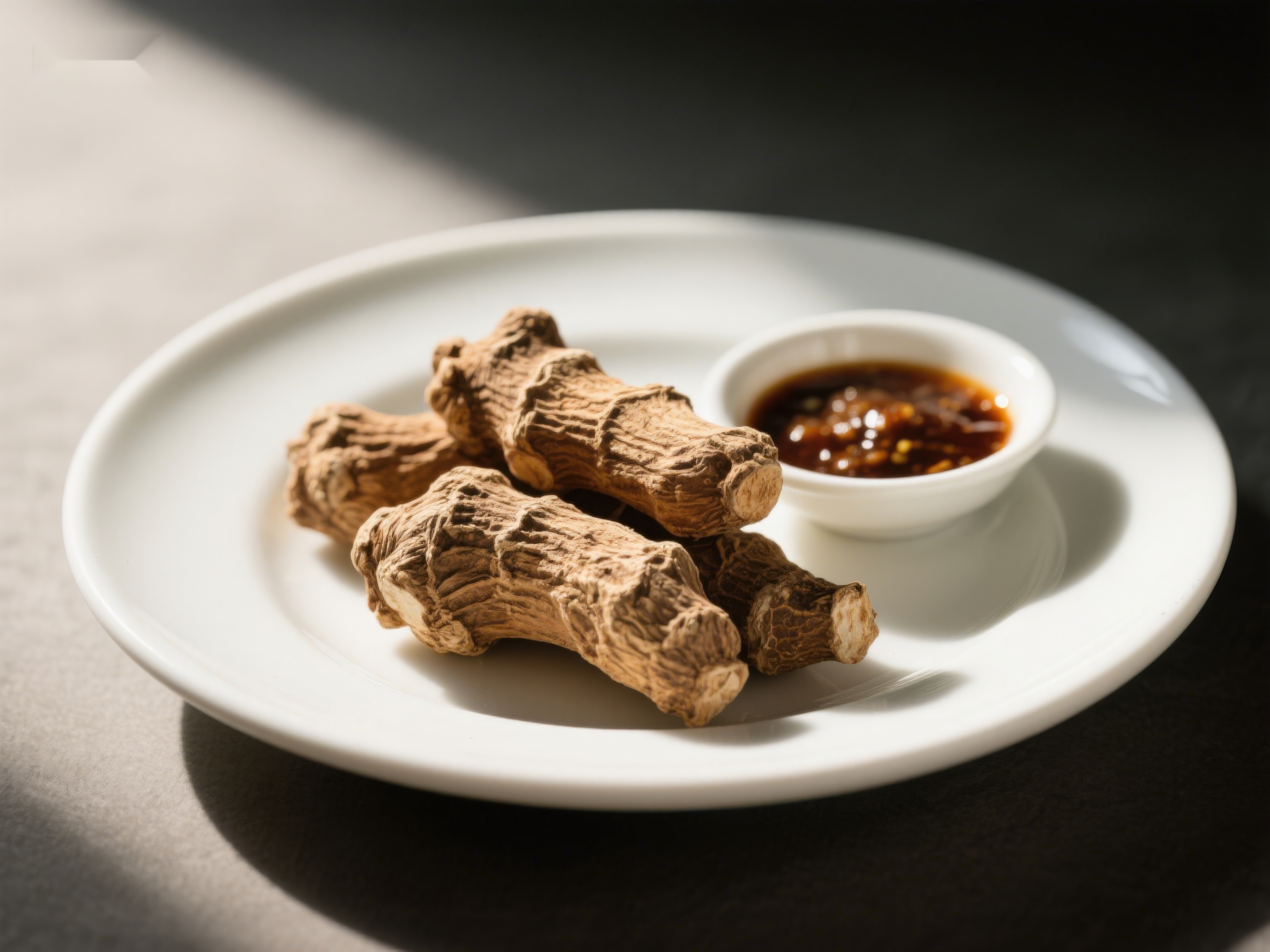 人参配蘸酱简约美食呈现素材