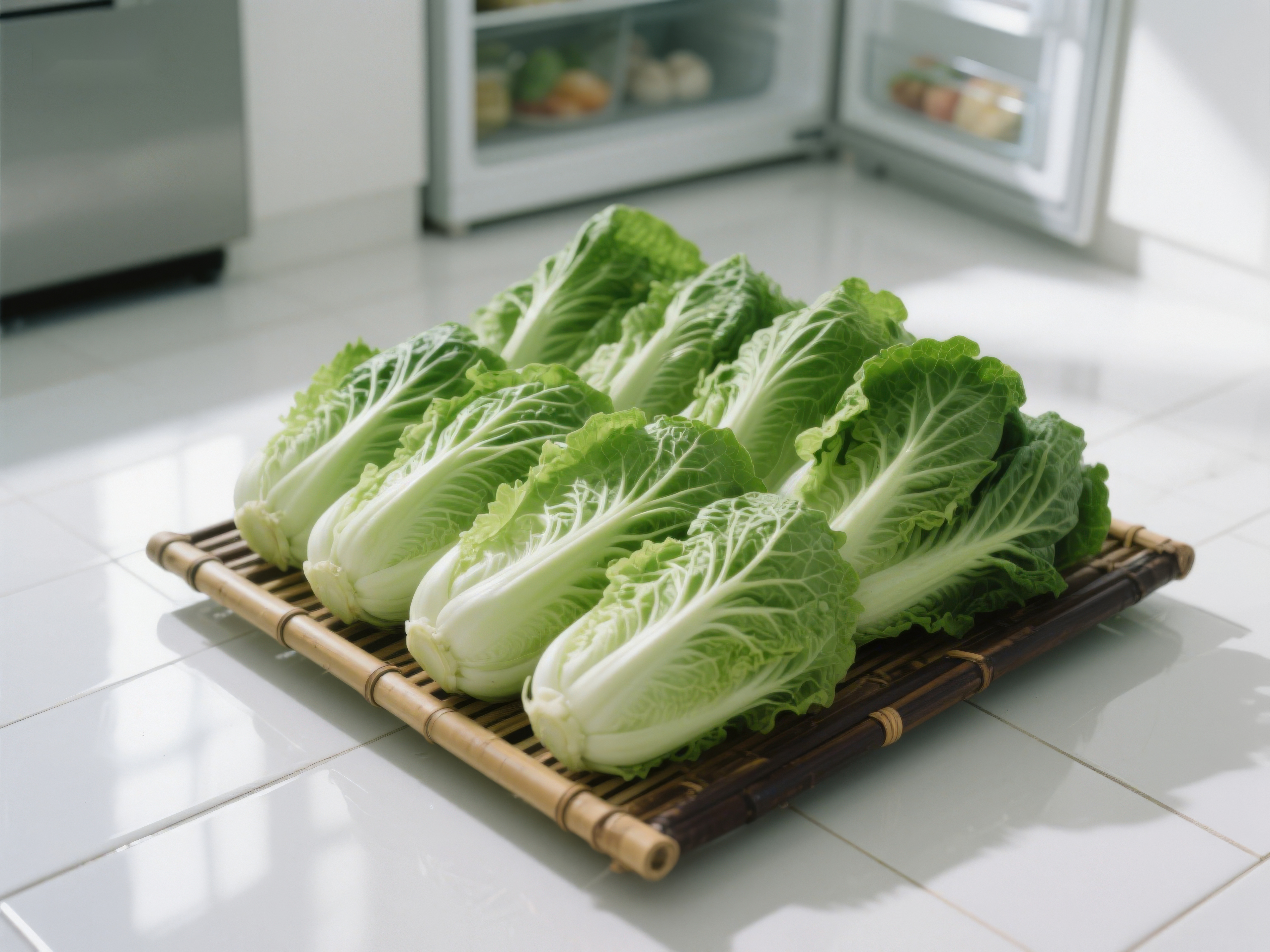 新鲜白菜整齐摆放于竹制托盘素材