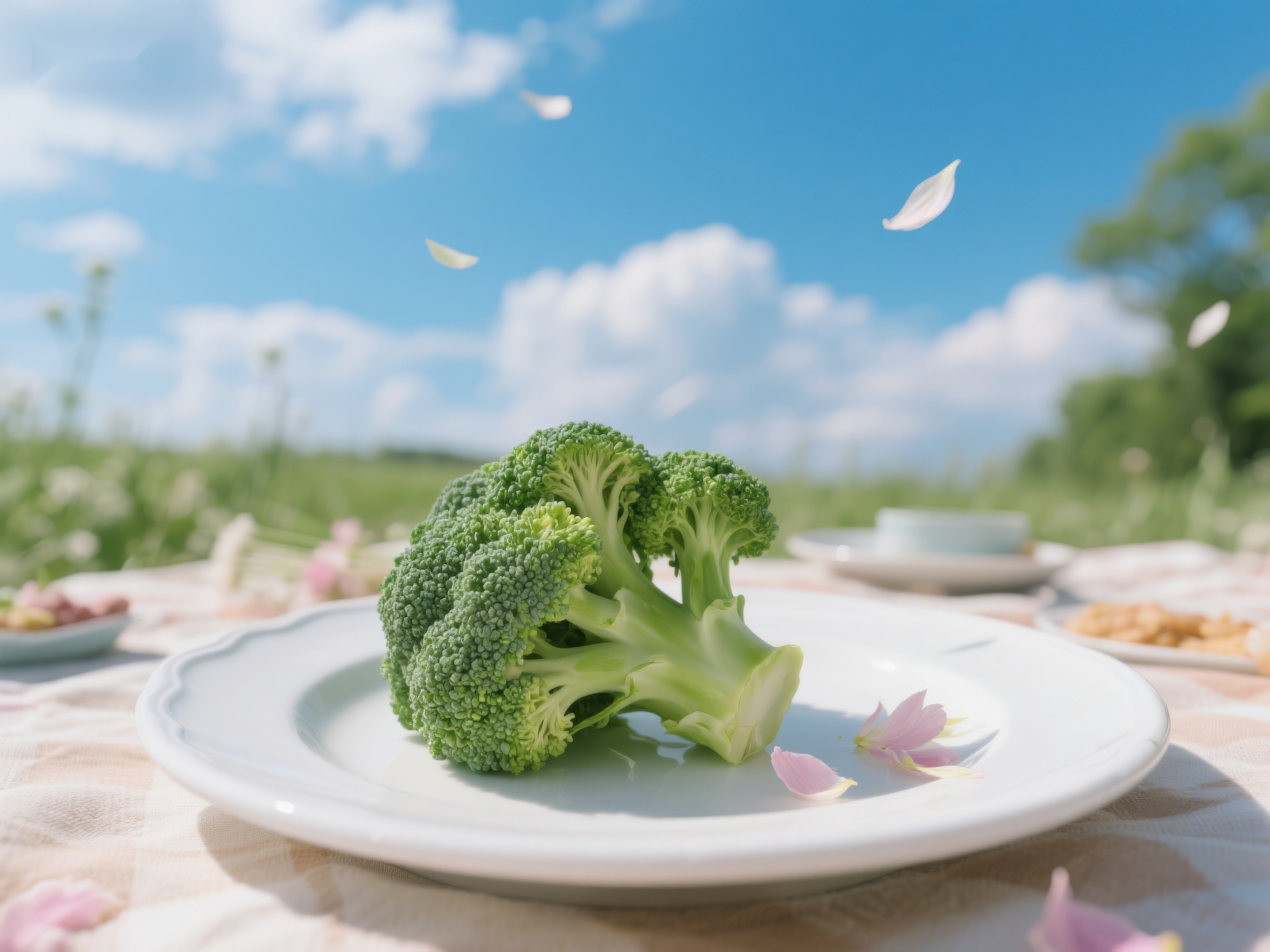 盘中西兰花花瓣飘落草地素材