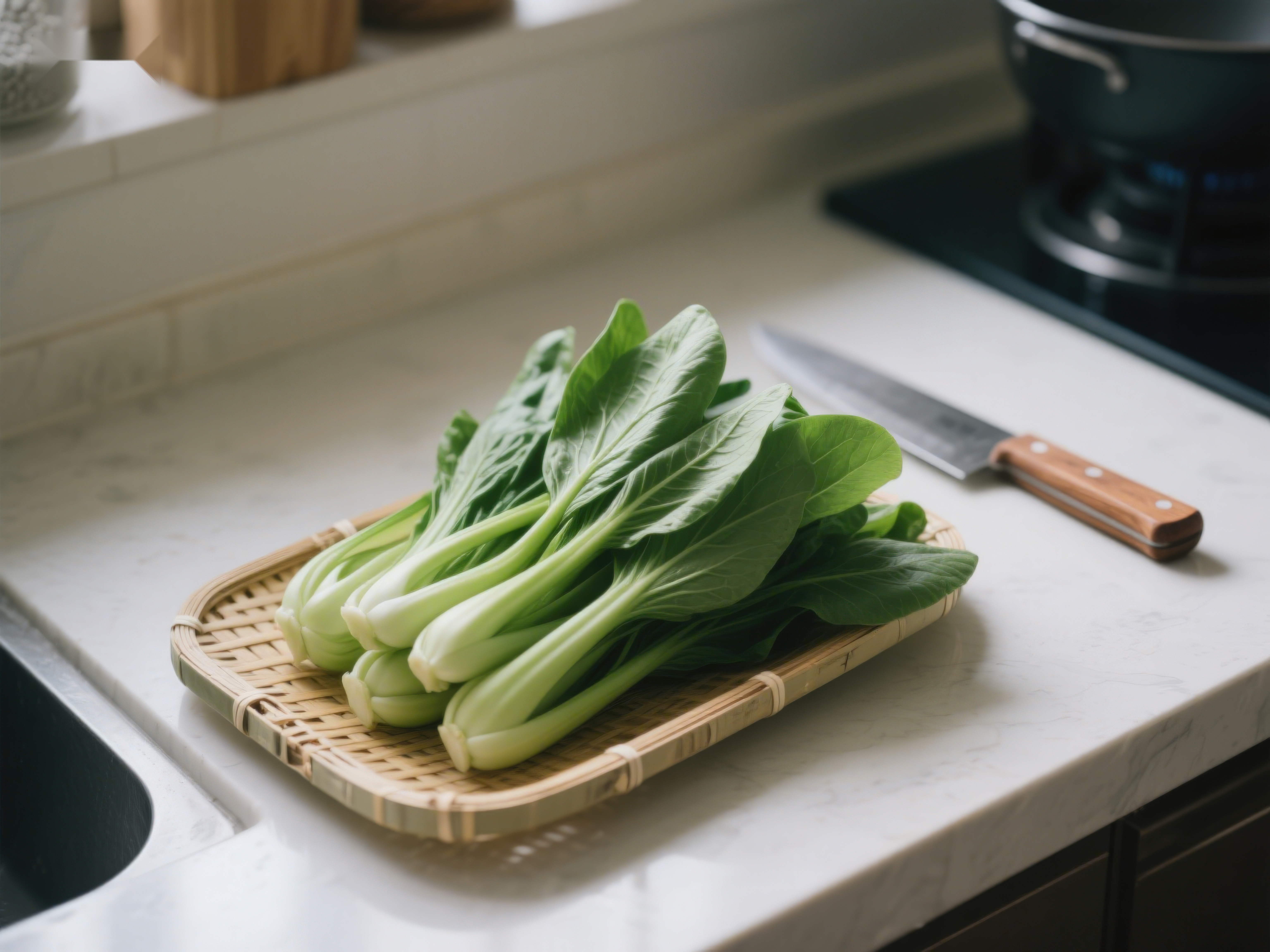 新鲜青菜置于竹制砧板上素材