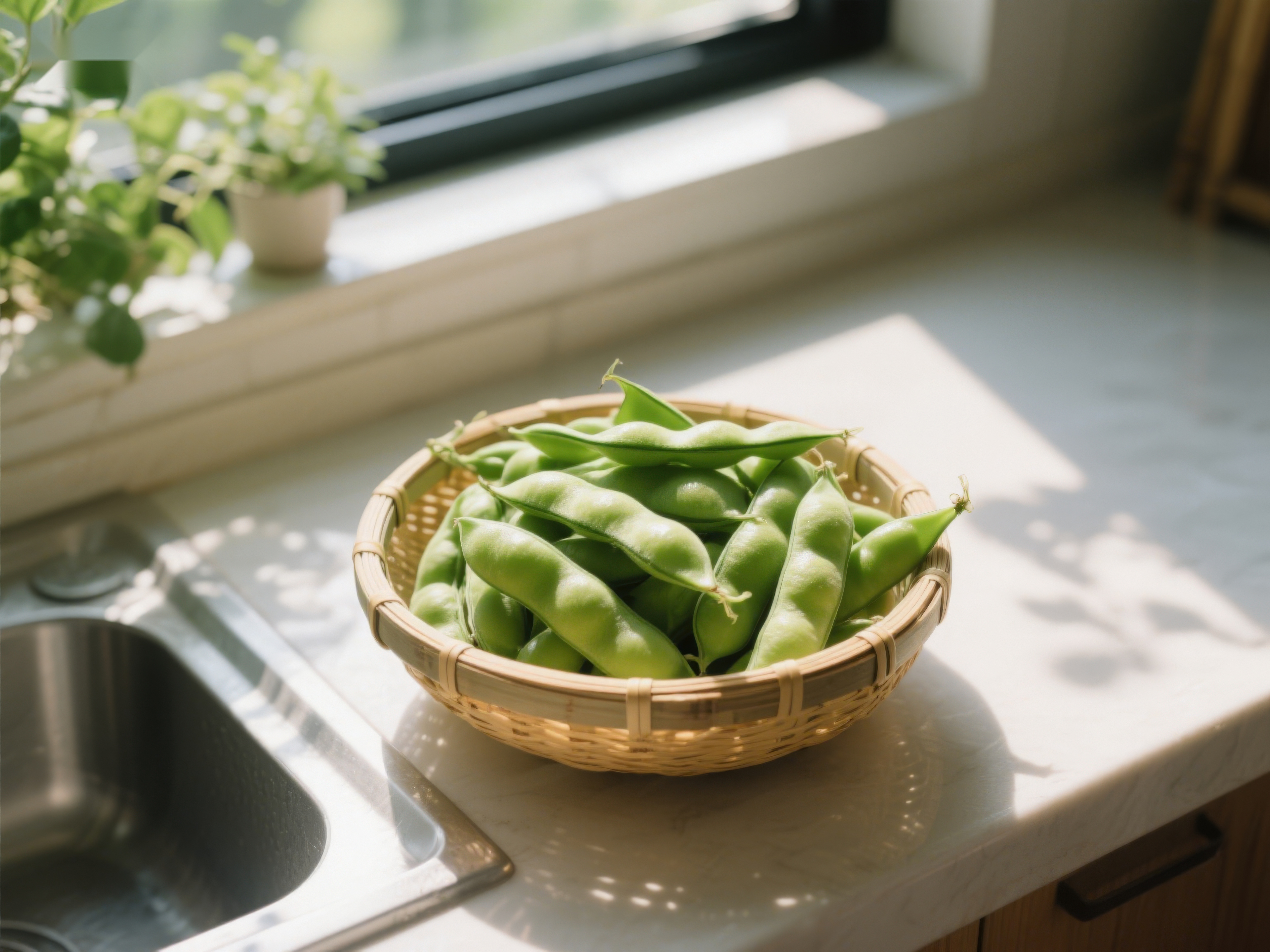 窗边竹篮里的新鲜豌豆素材