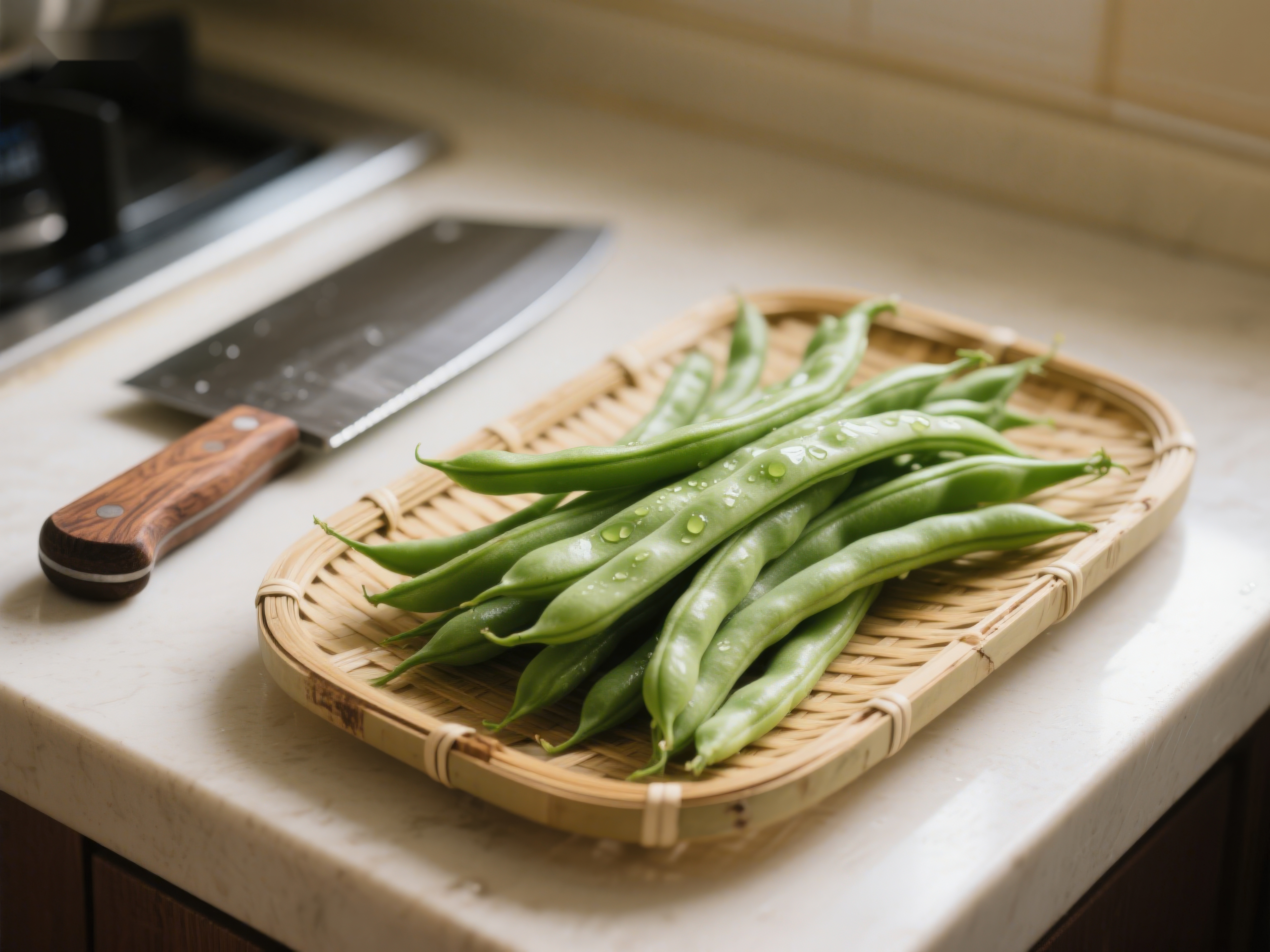 新鲜四季豆置于竹篮旁配菜刀素材