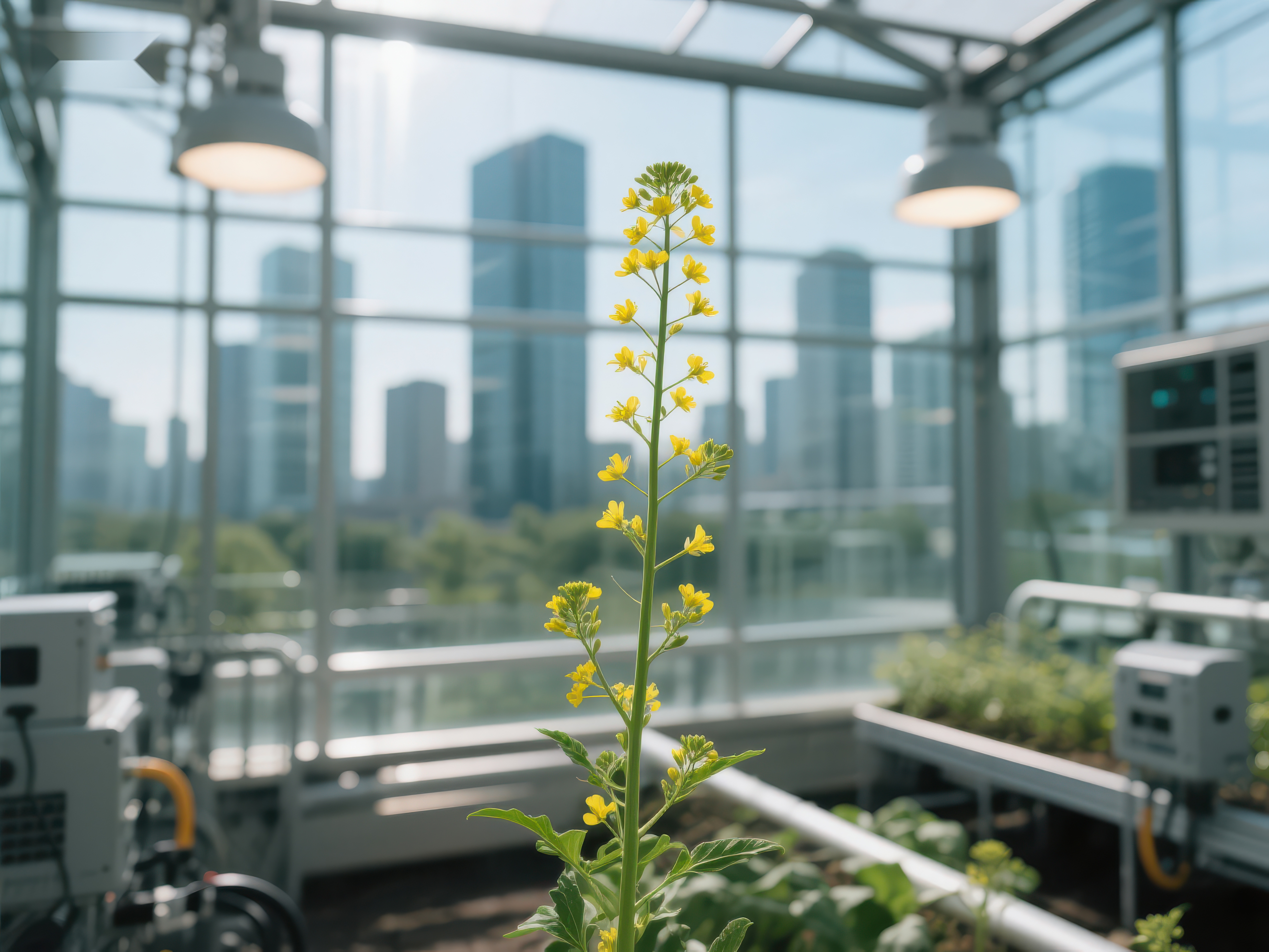 温室中的油菜花与城市天际线素材