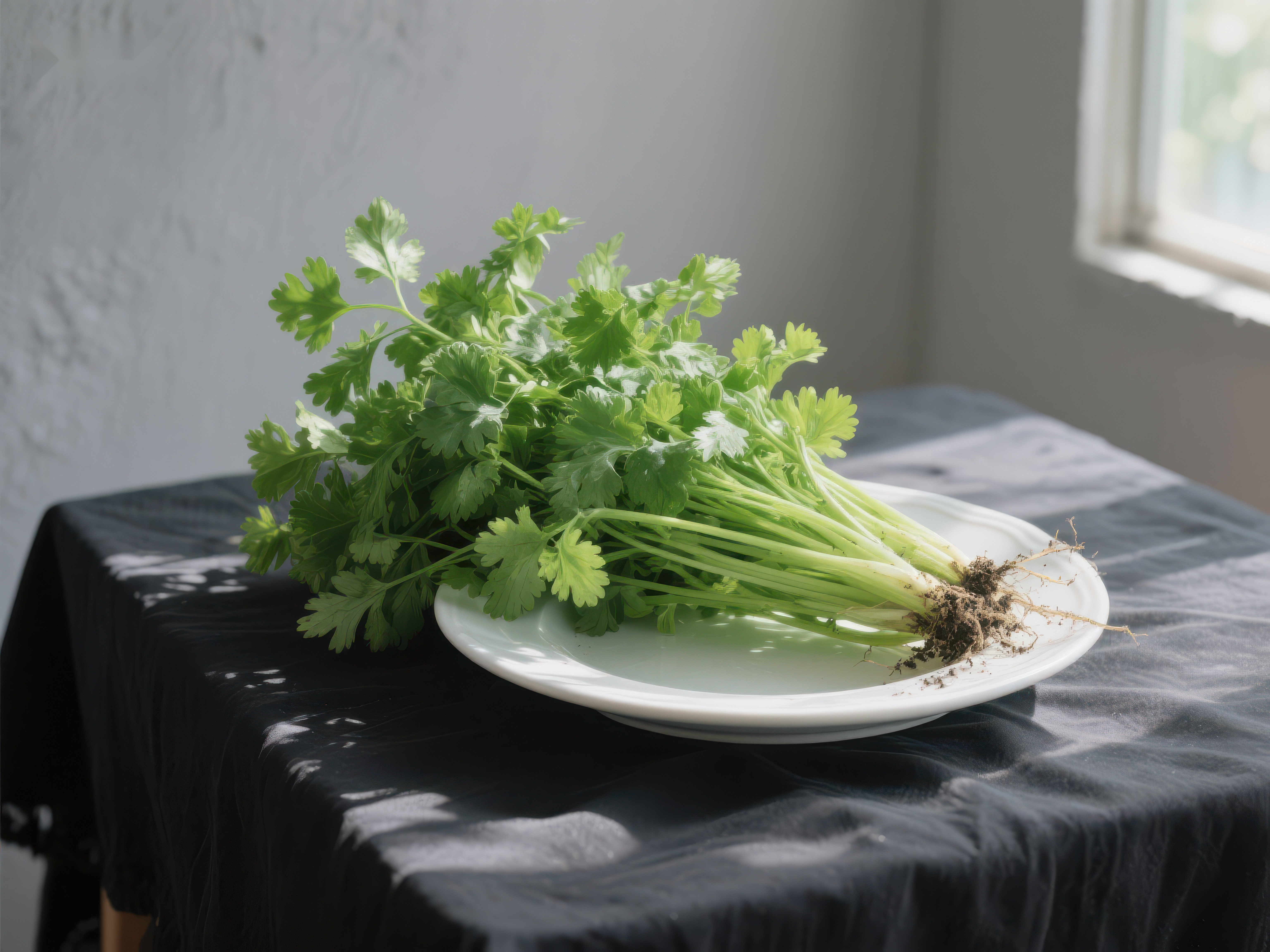 新鲜香菜置于白色盘中素材