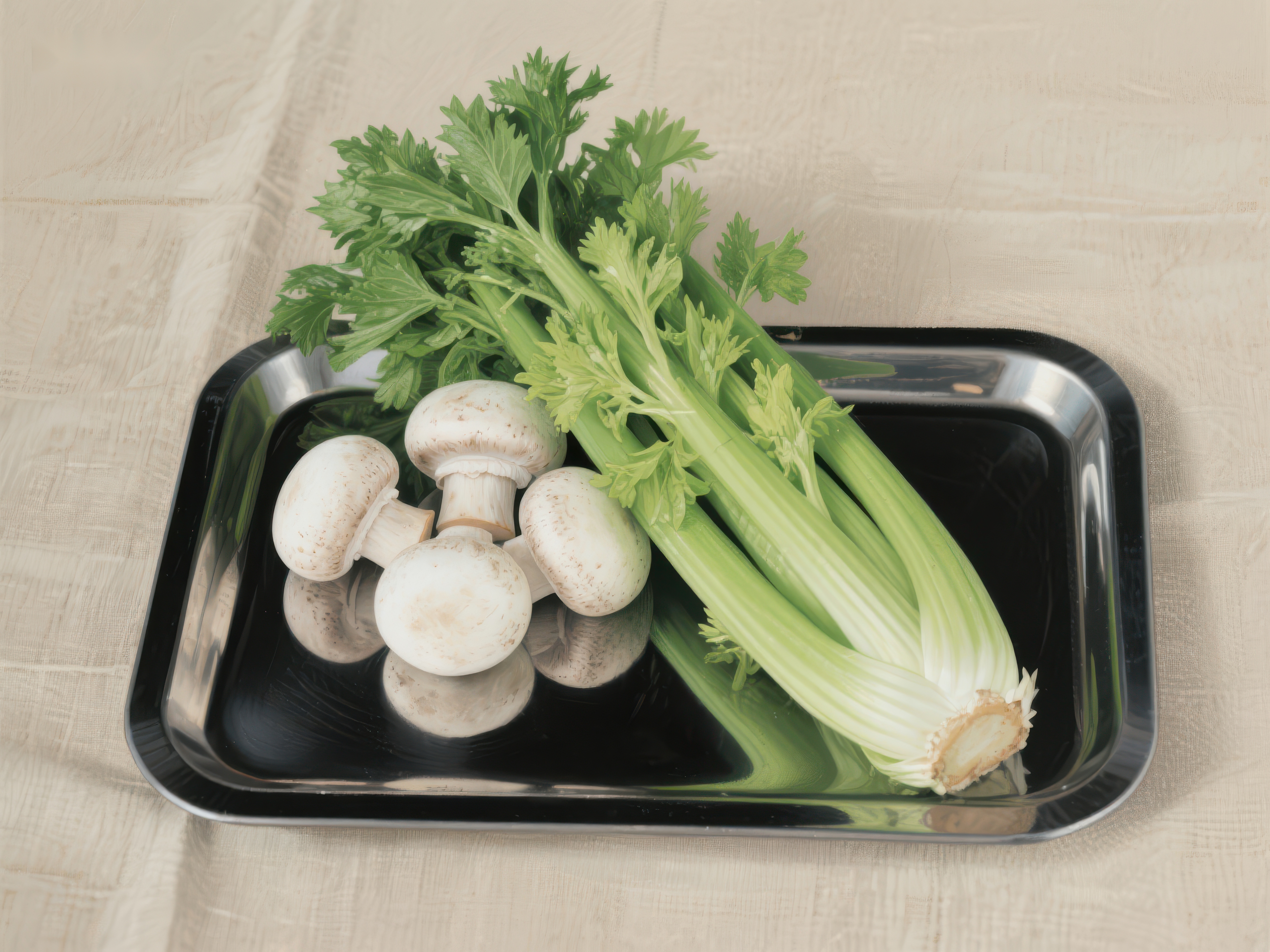 蘑菇与芹菜置于黑色托盘素材