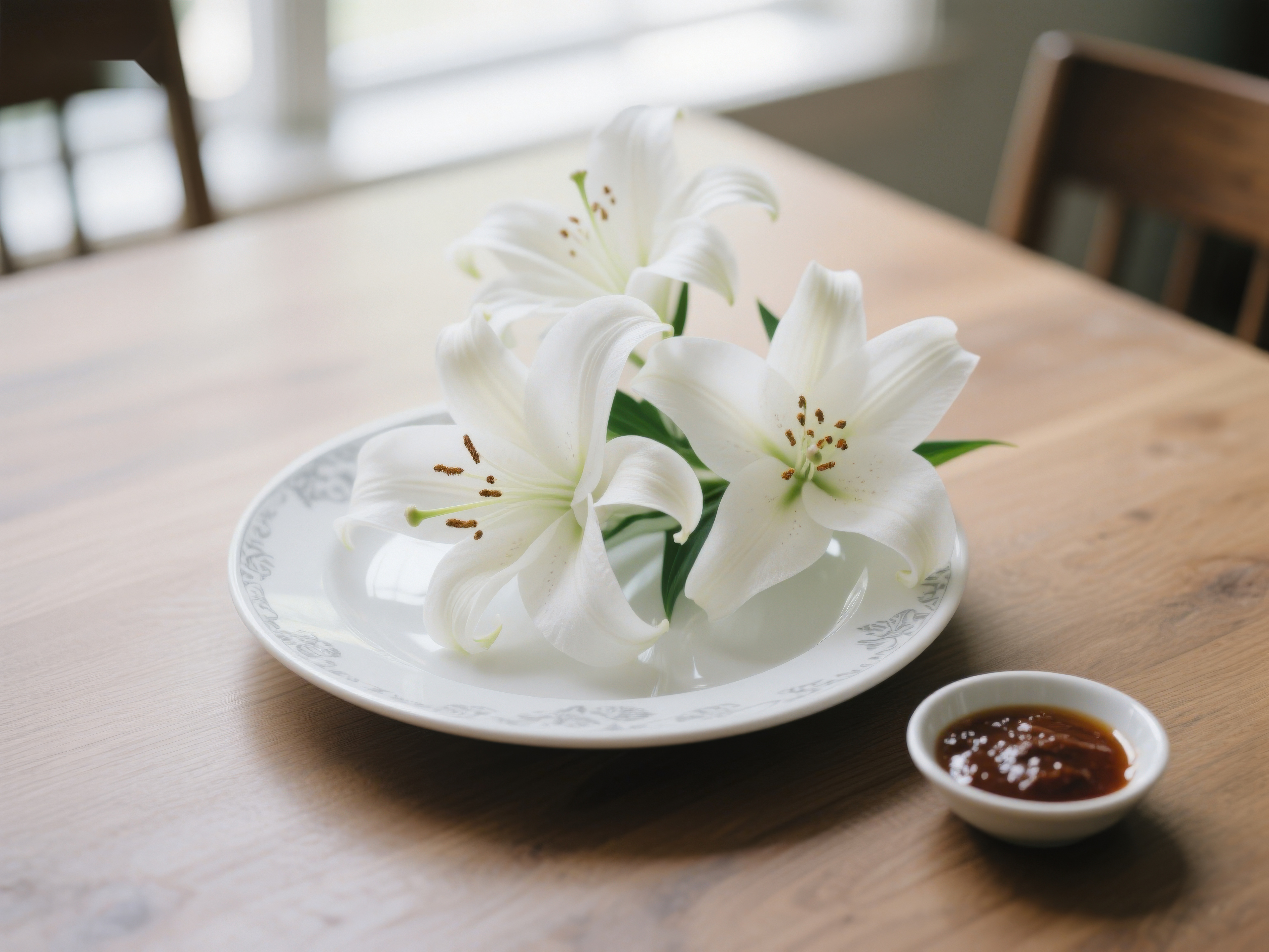 白色百合花置于盘中桌上点缀小碟酱料素材