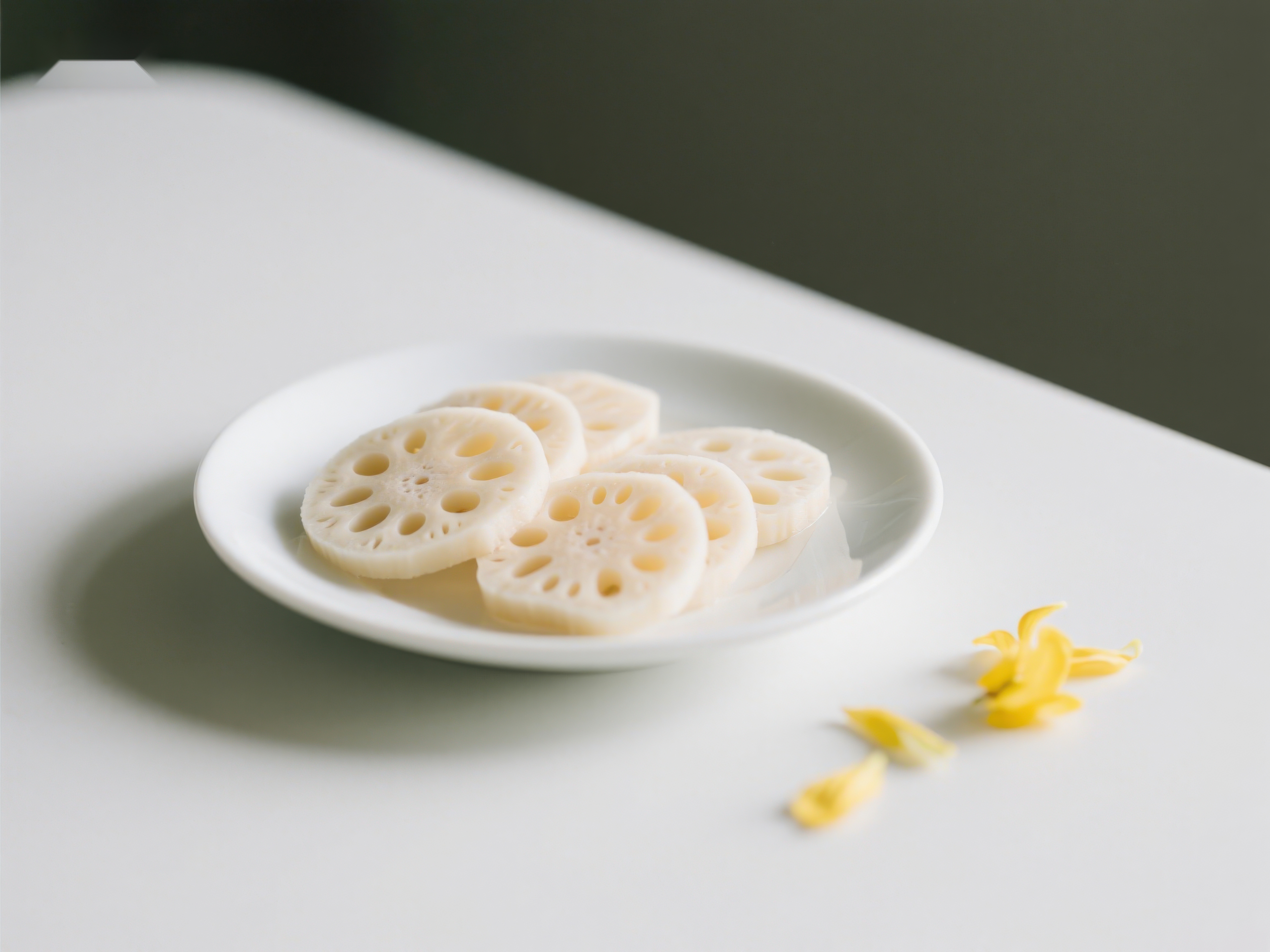 莲藕切片置于白盘旁有花瓣点缀素材