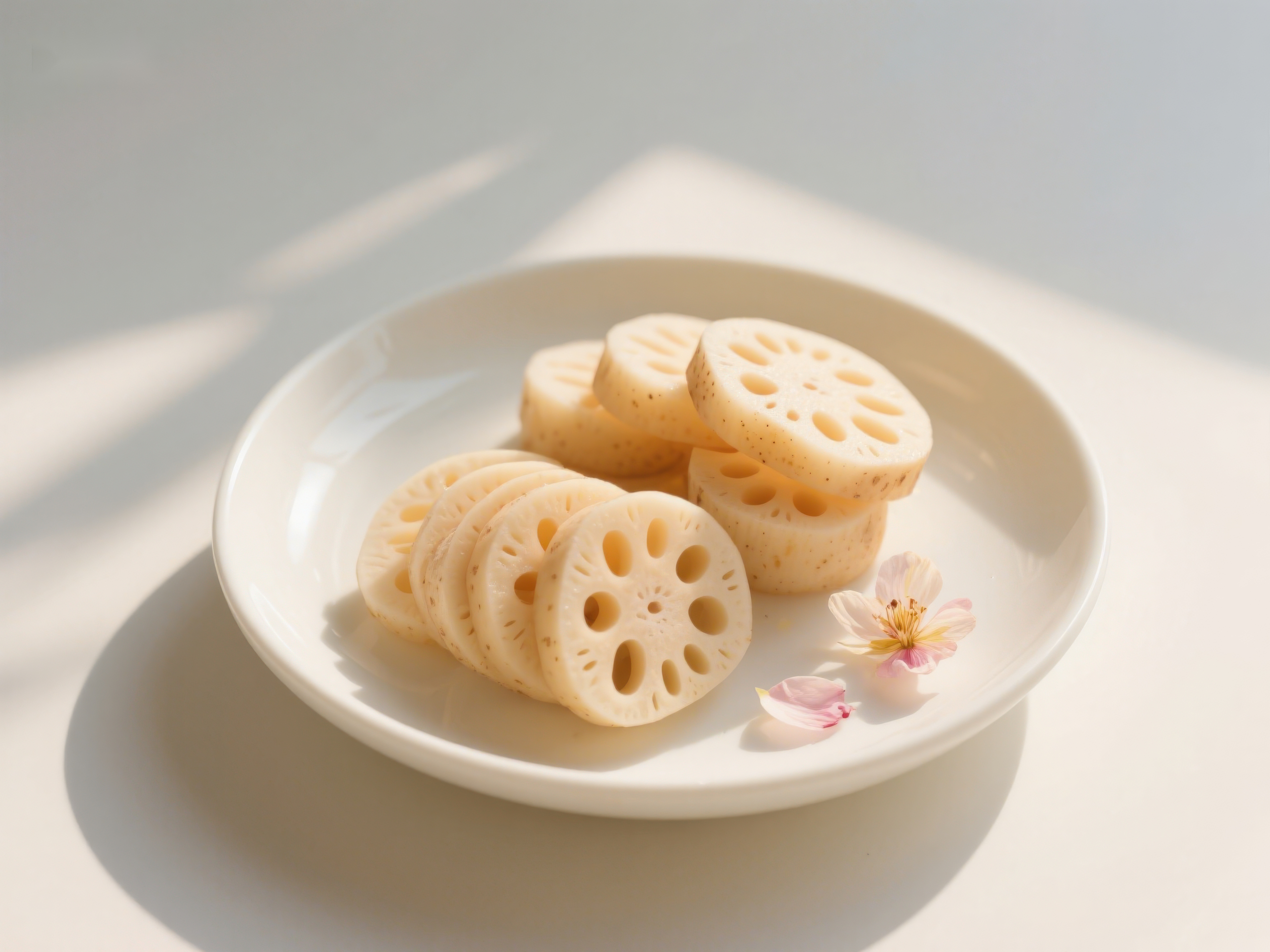 莲藕切片摆盘点缀樱花花瓣素材
