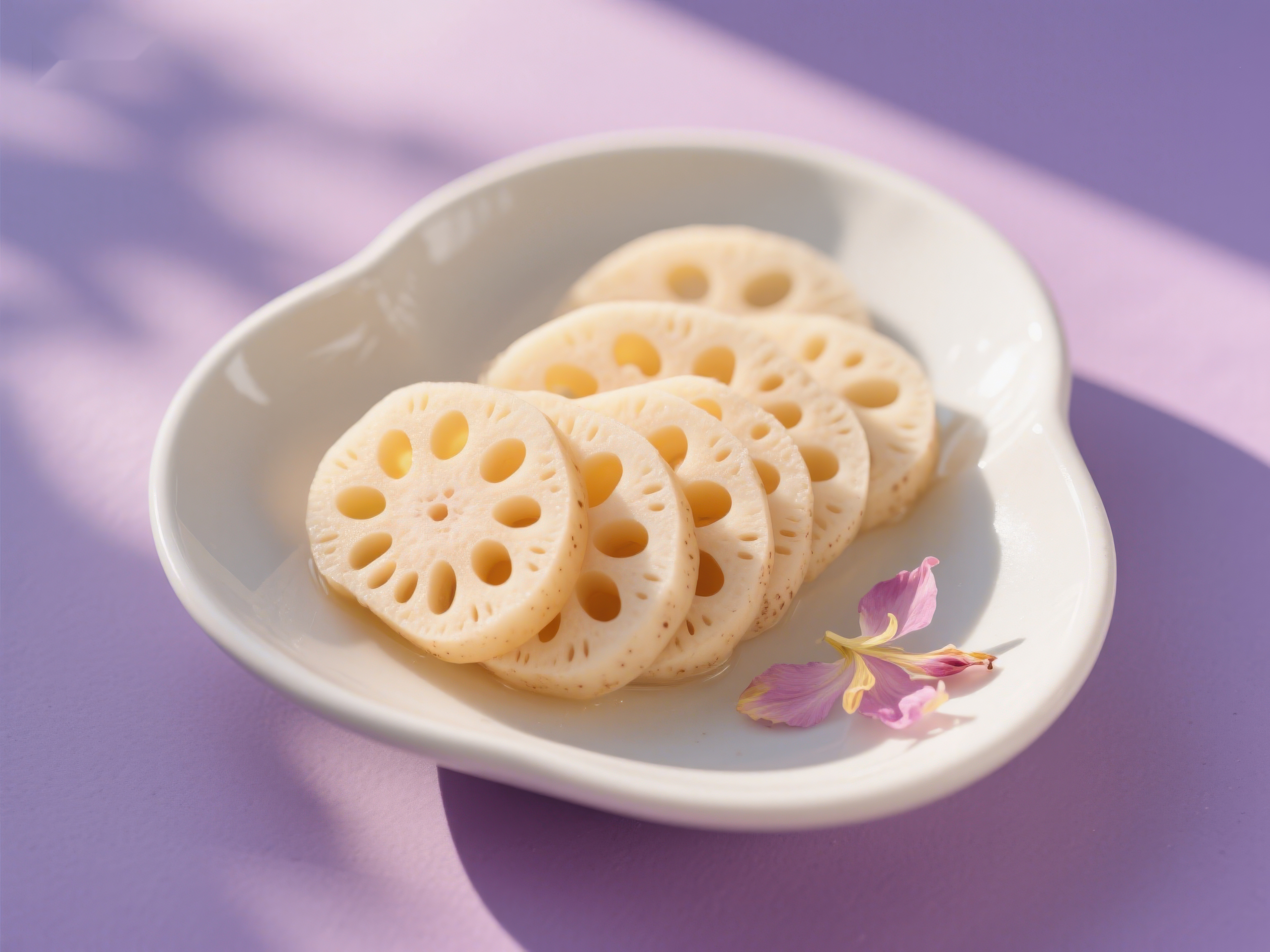 莲藕切片摆盘紫色背景点缀花瓣素材