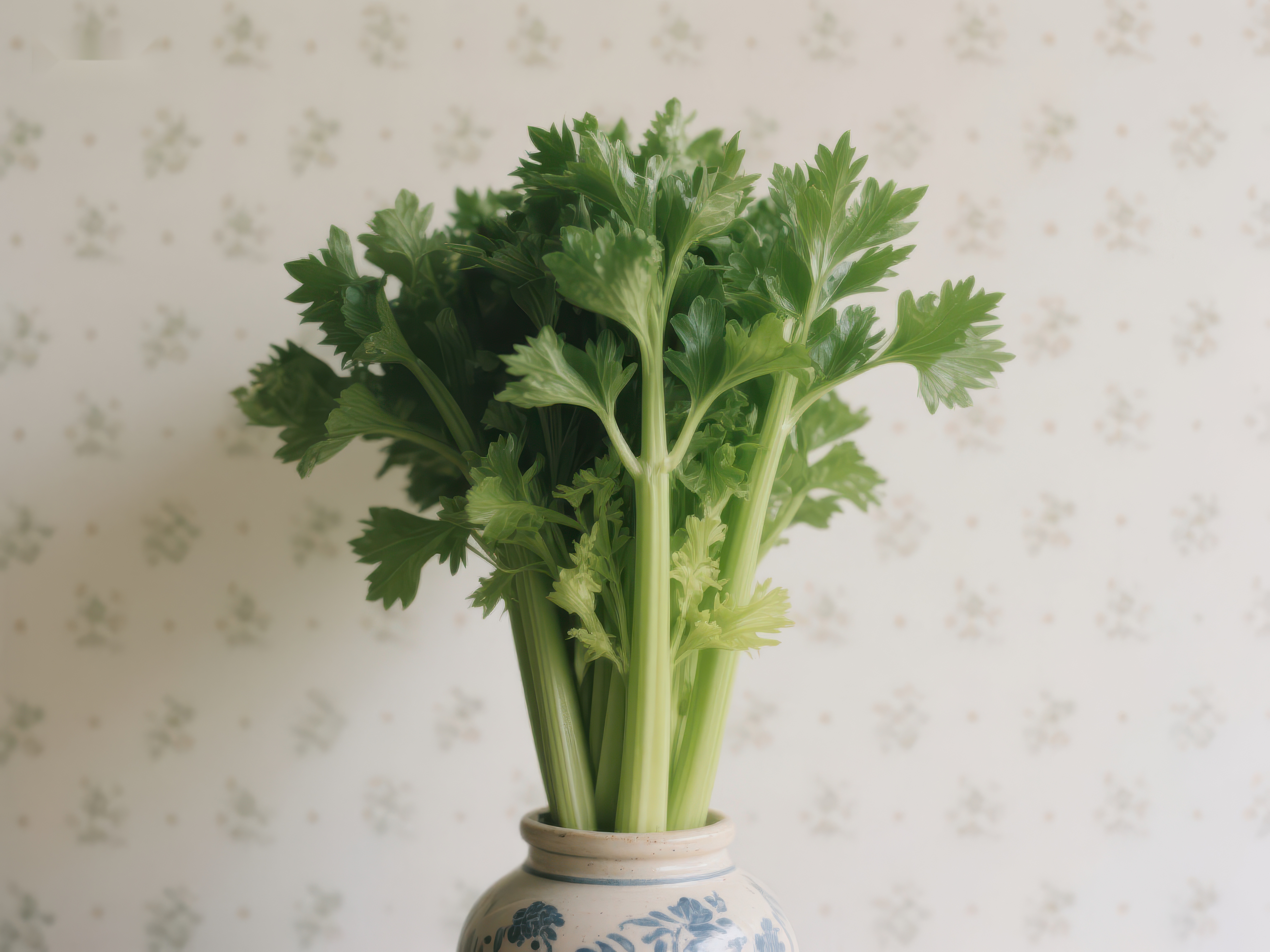新鲜芹菜置于陶瓷花瓶中素材
