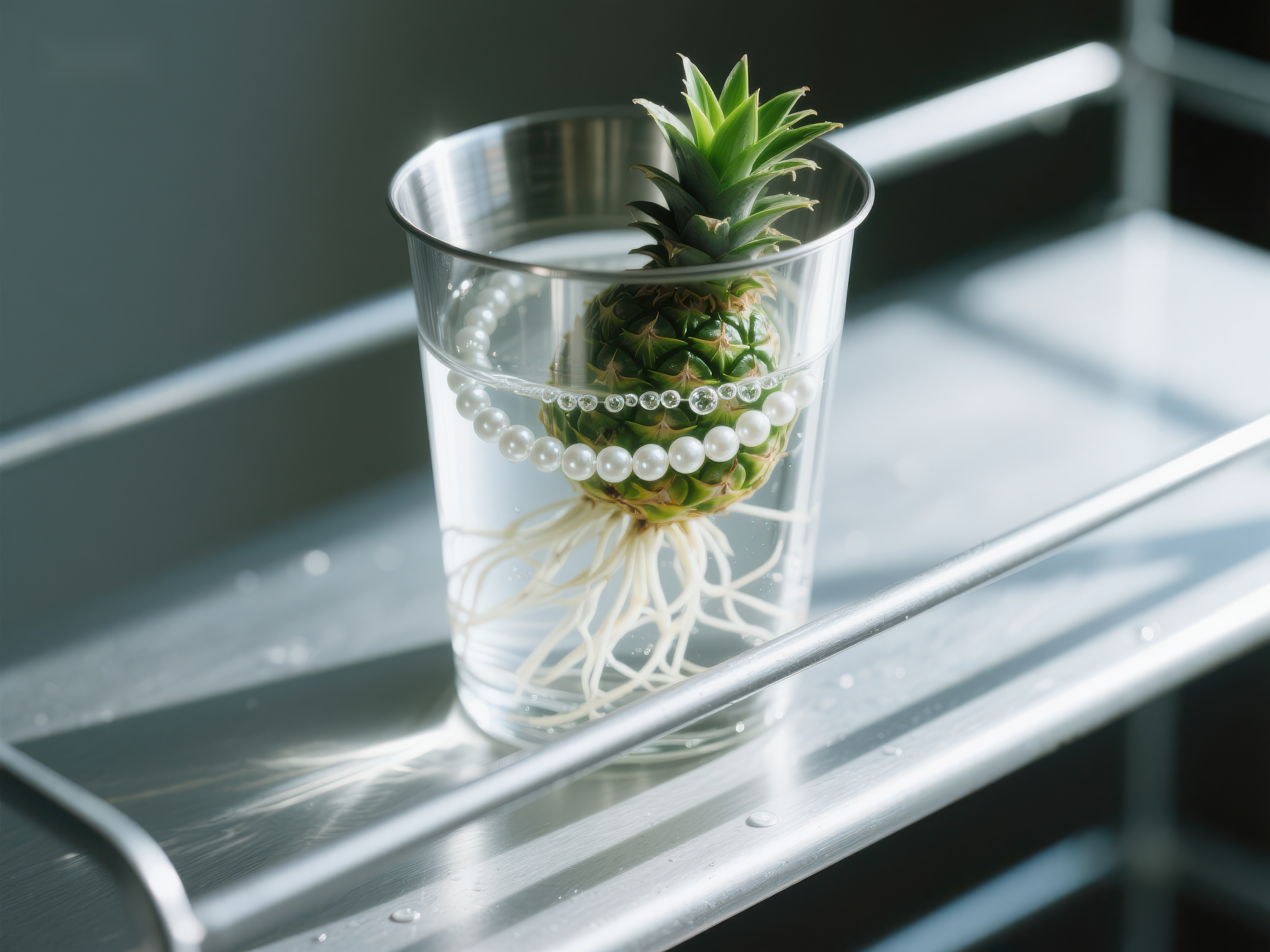 水培植物装饰透明杯中的绿意与珍珠素材