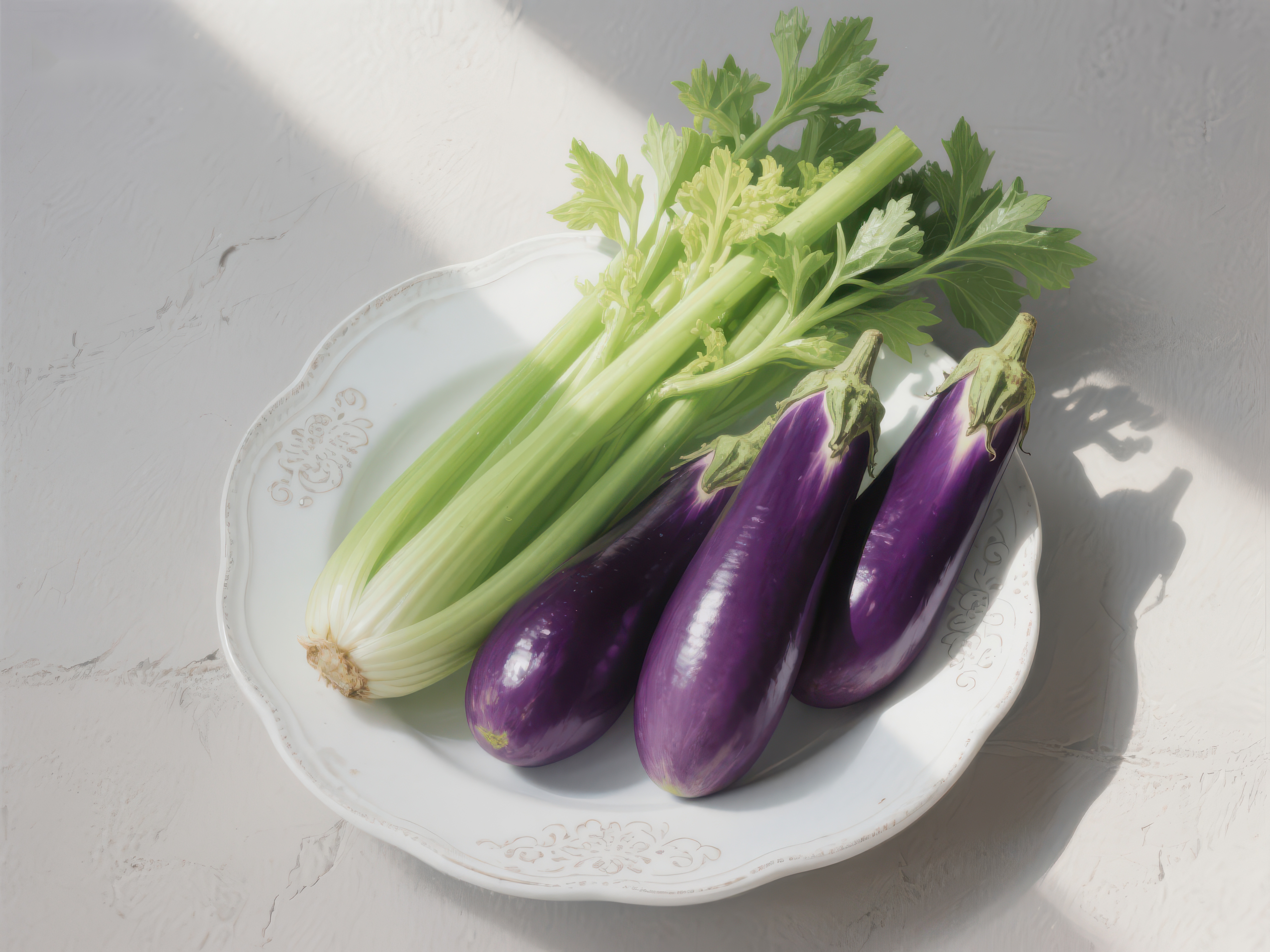 盘中芹菜与茄子的静物组合素材