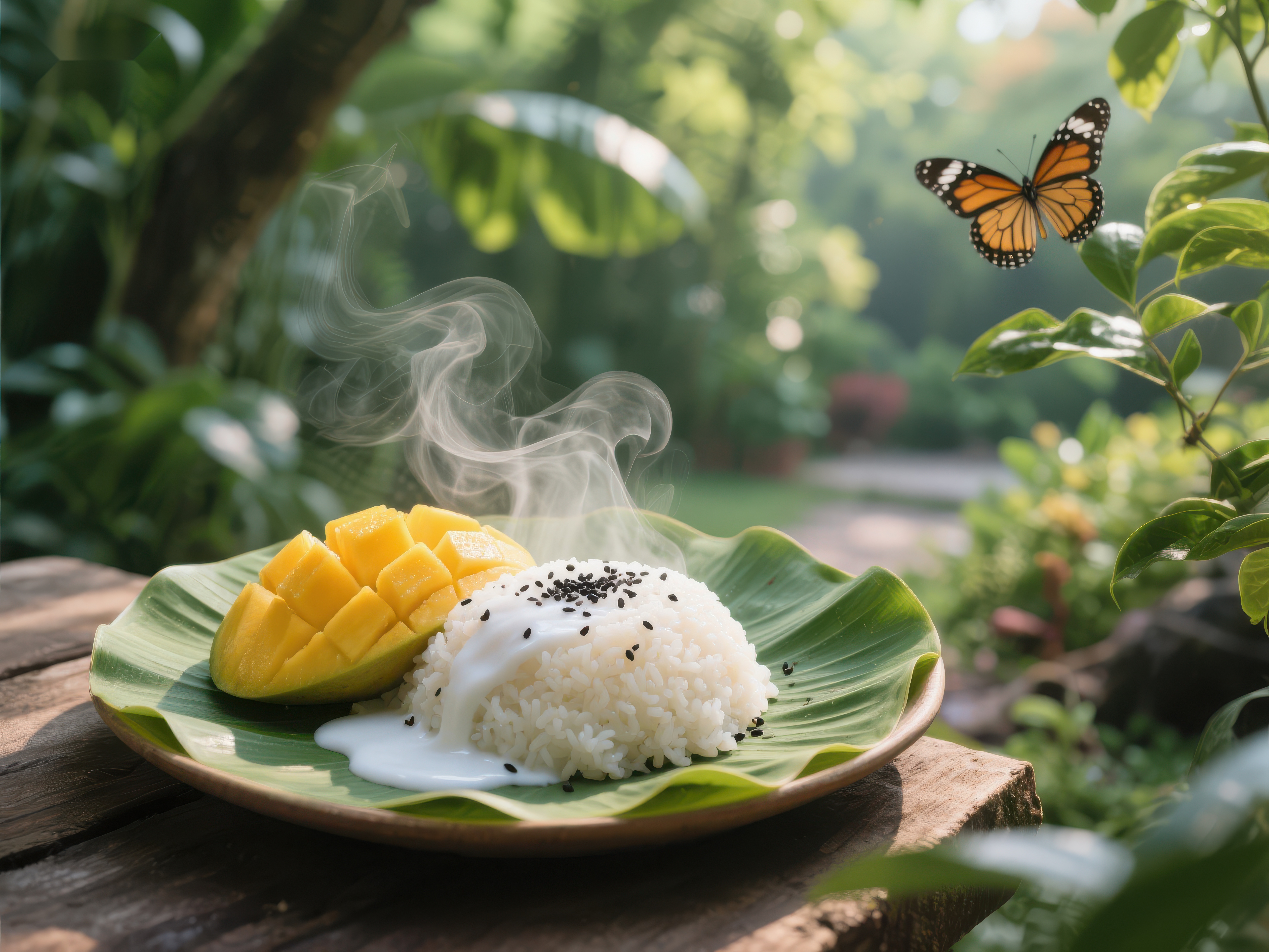 芒果糯米饭与蝴蝶共舞素材