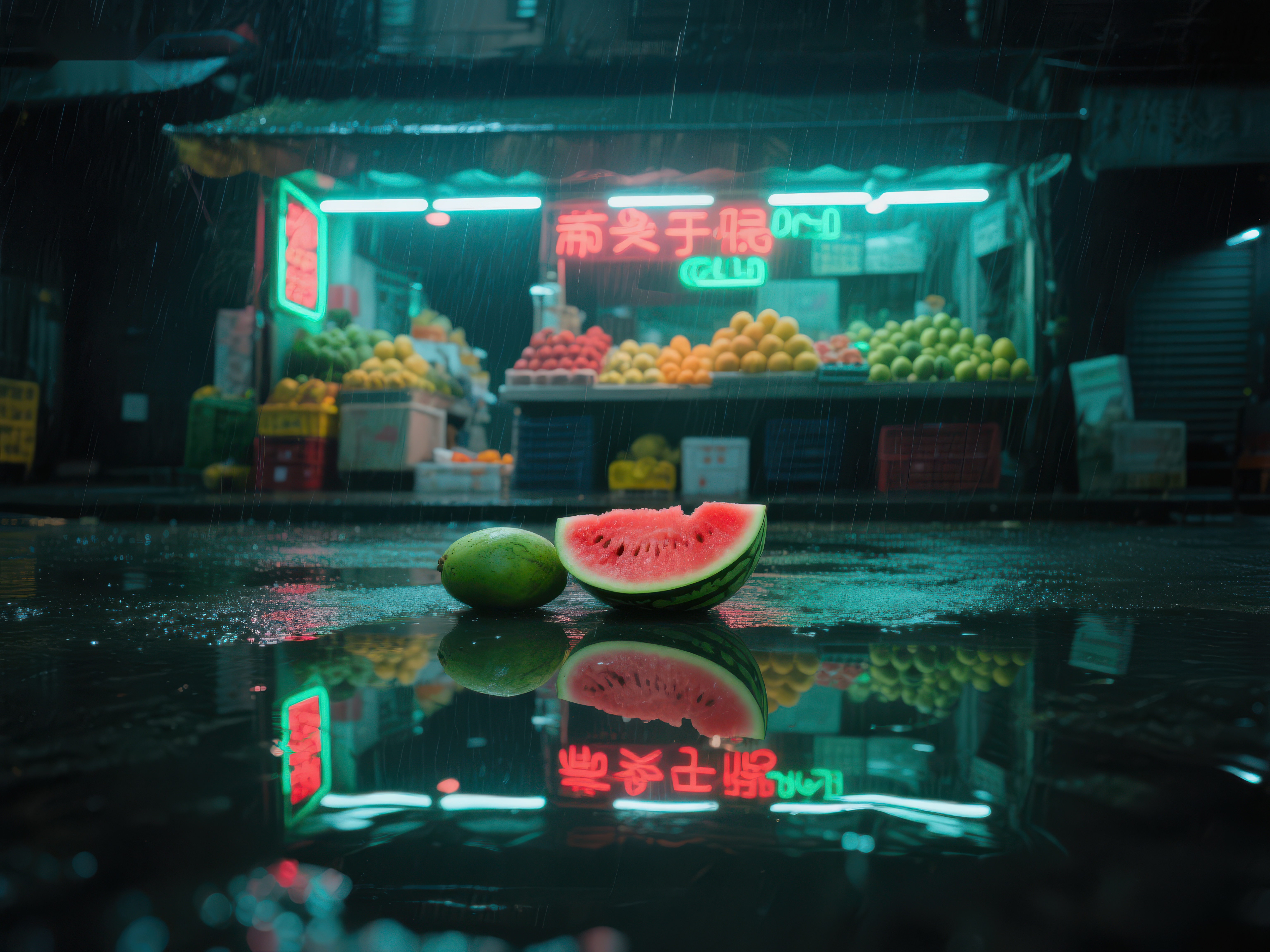 雨夜市场西瓜静候素材