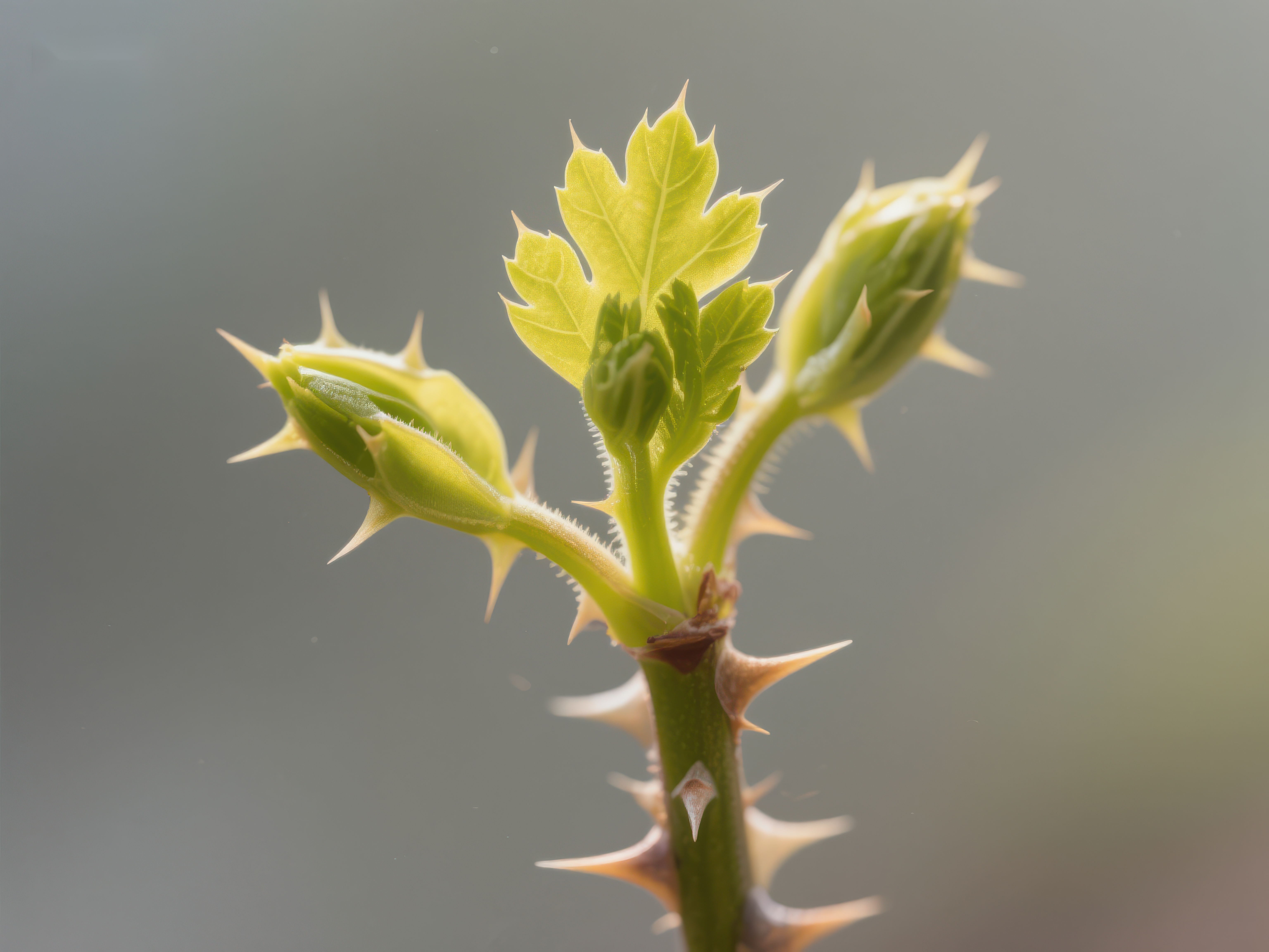 新生嫩芽与尖刺的植物特写素材