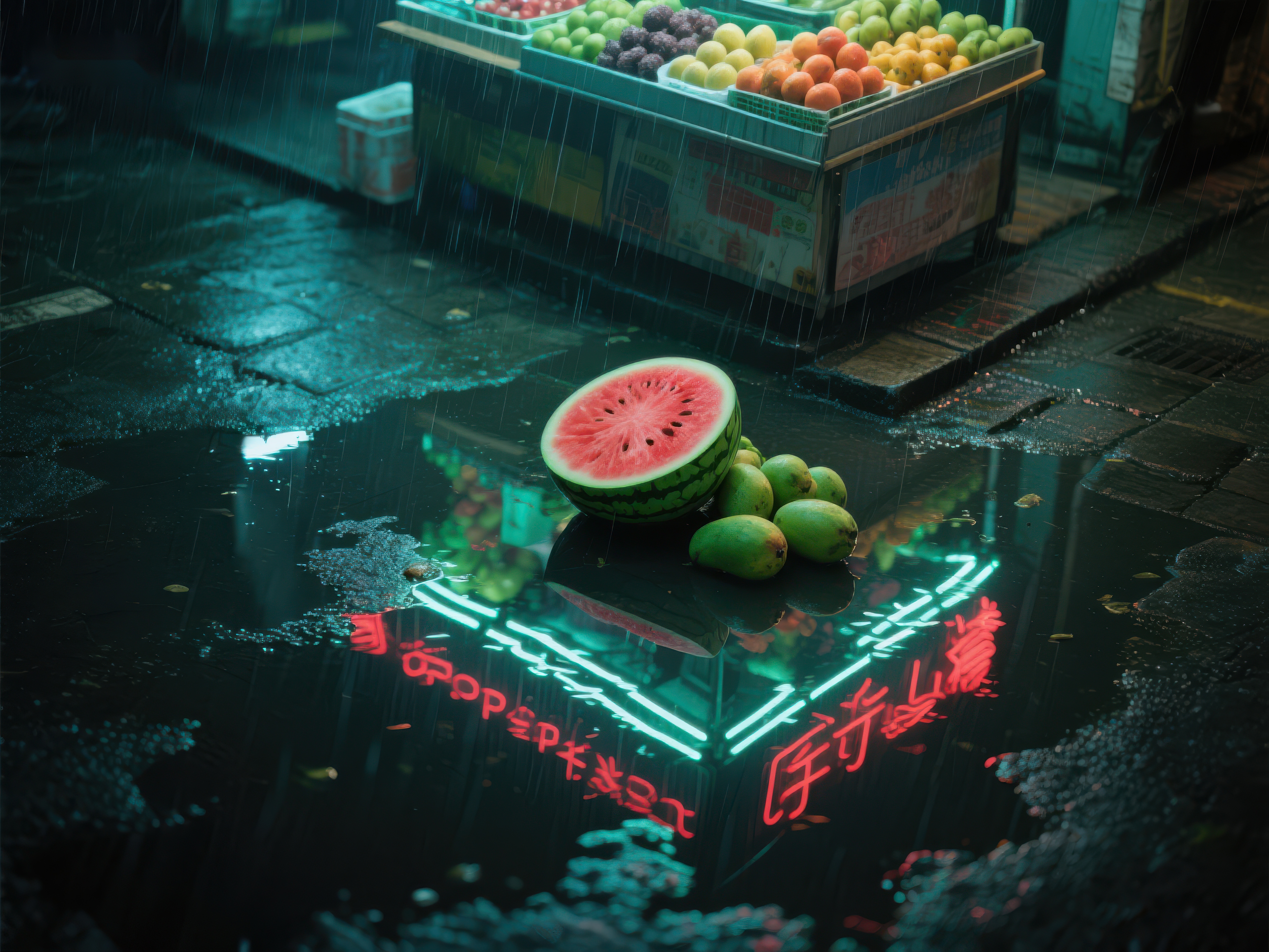 雨夜市场水果摊霓虹灯倒影素材
