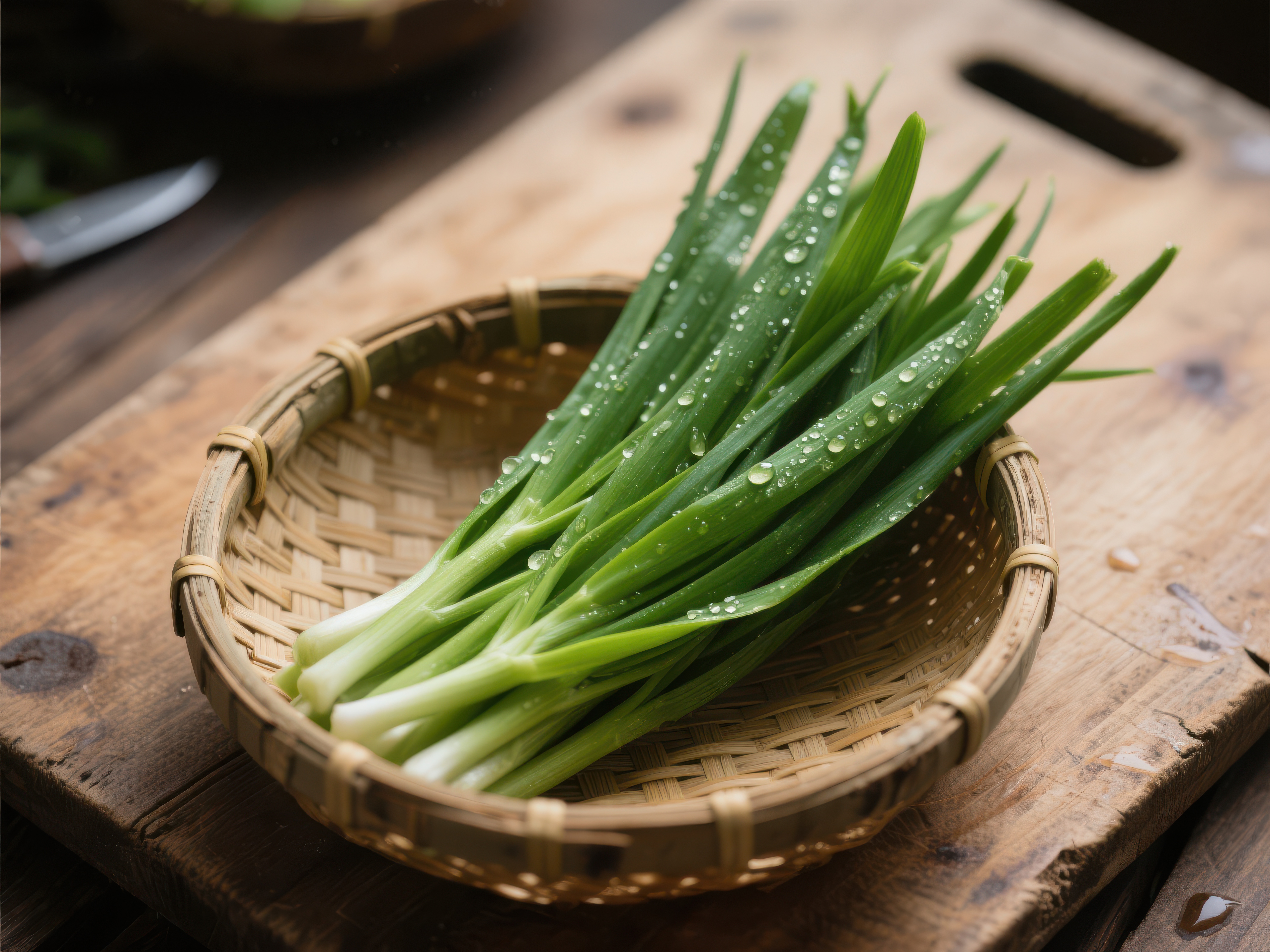 新鲜葱苗置于竹篮中素材
