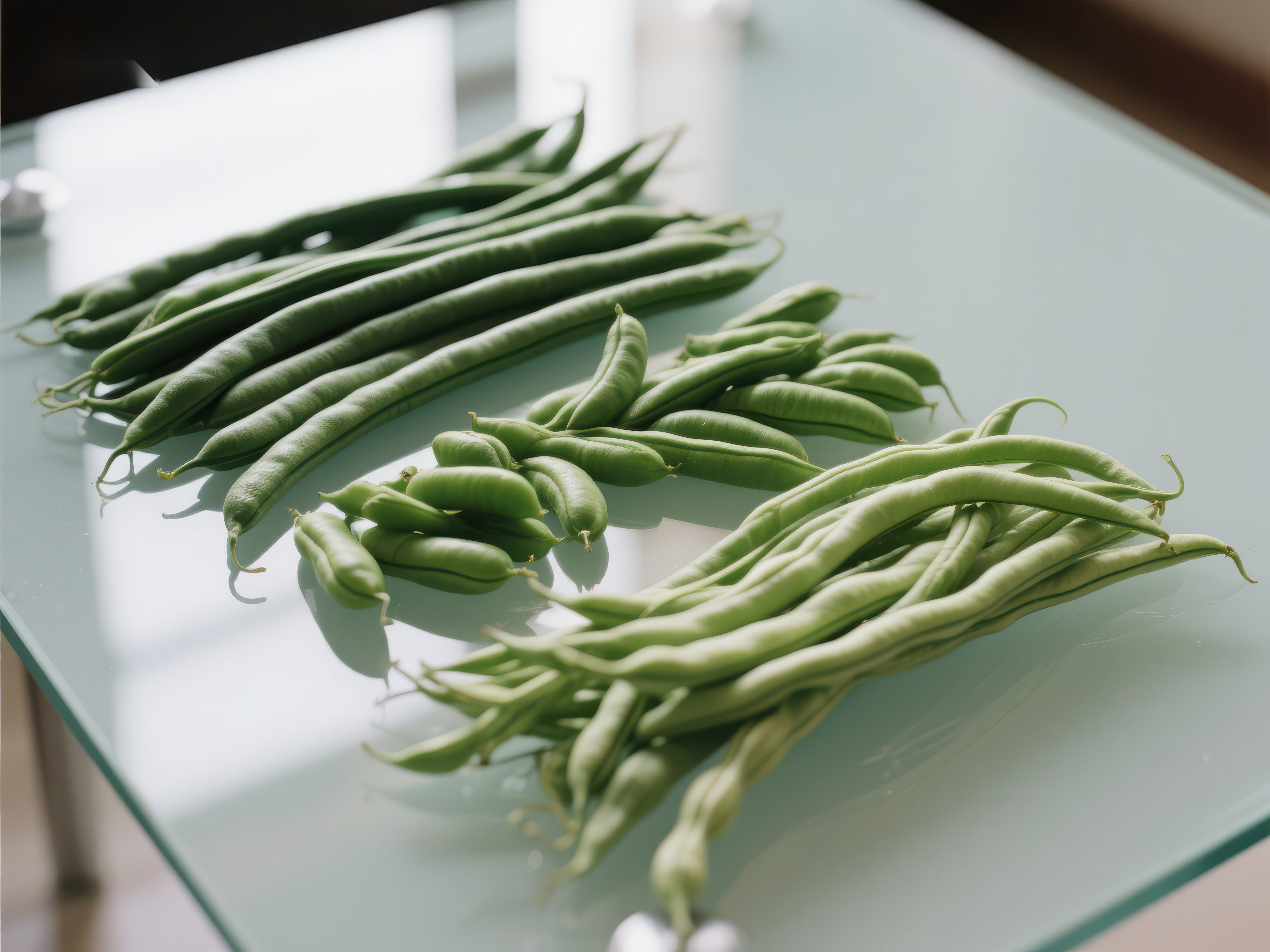 新鲜绿色豆角整齐排列于玻璃桌面素材