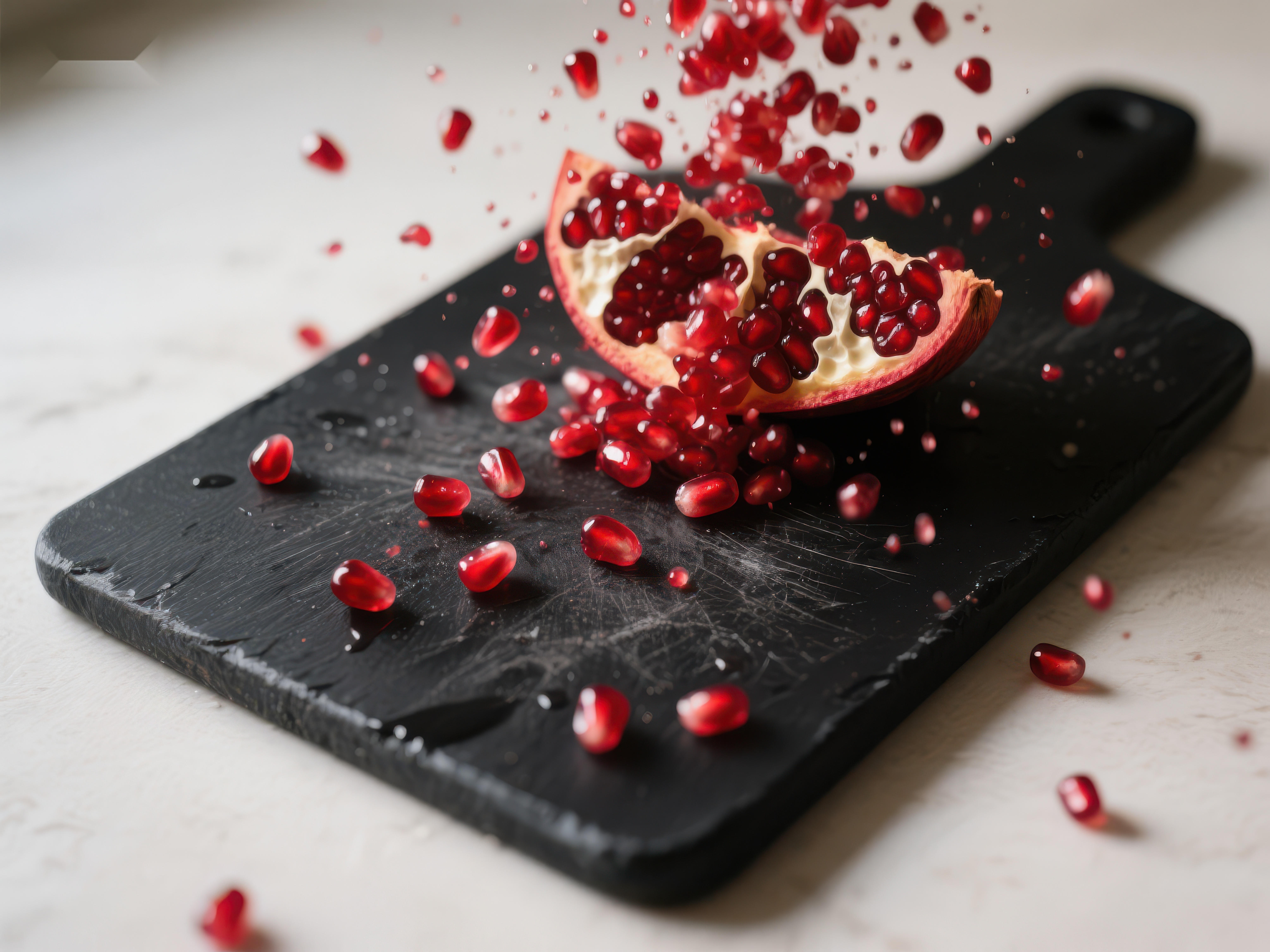 石榴籽粒四溅黑板砧板上的美食瞬间素材