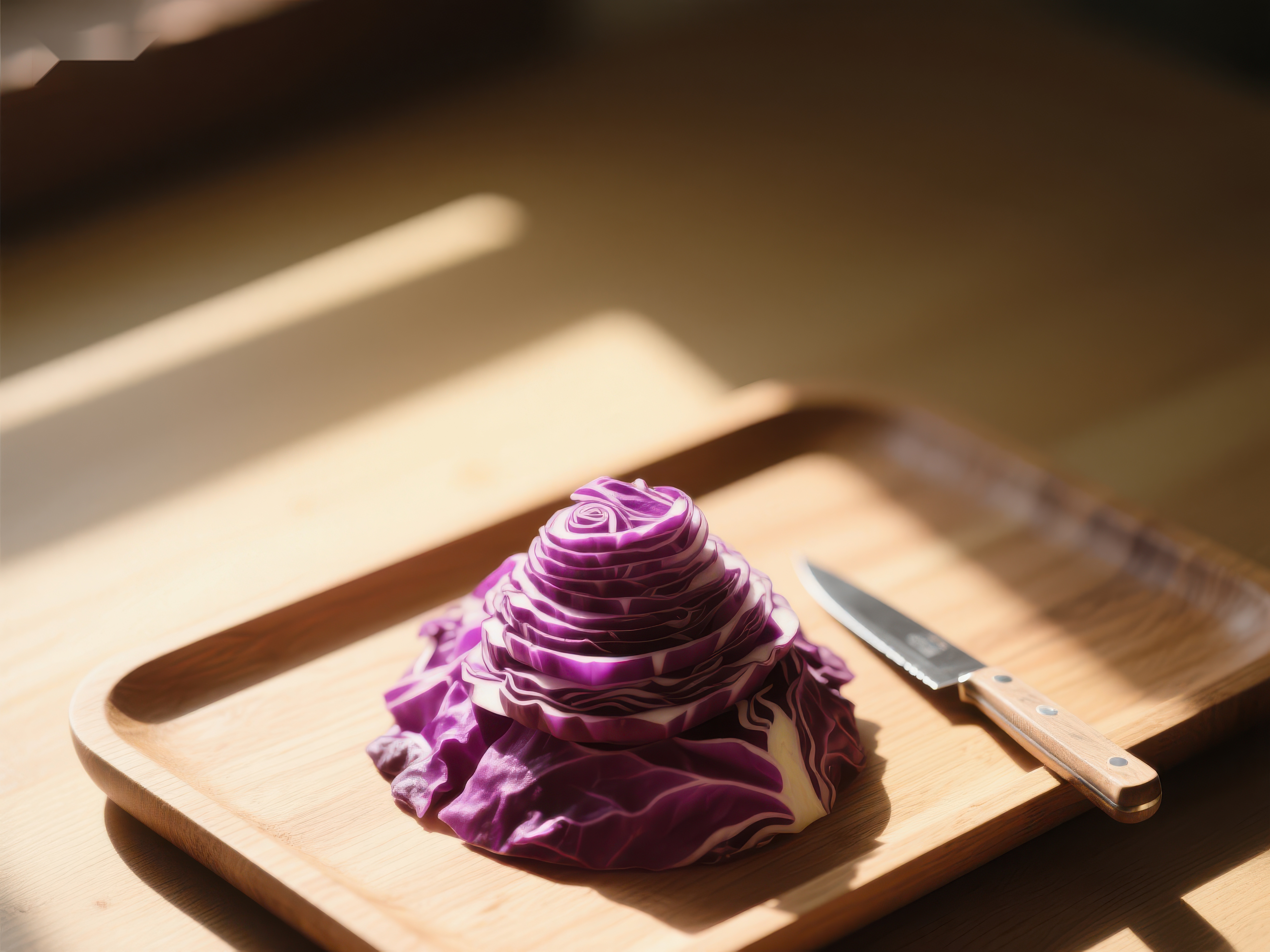 切片紫甘蓝置于木质砧板素材