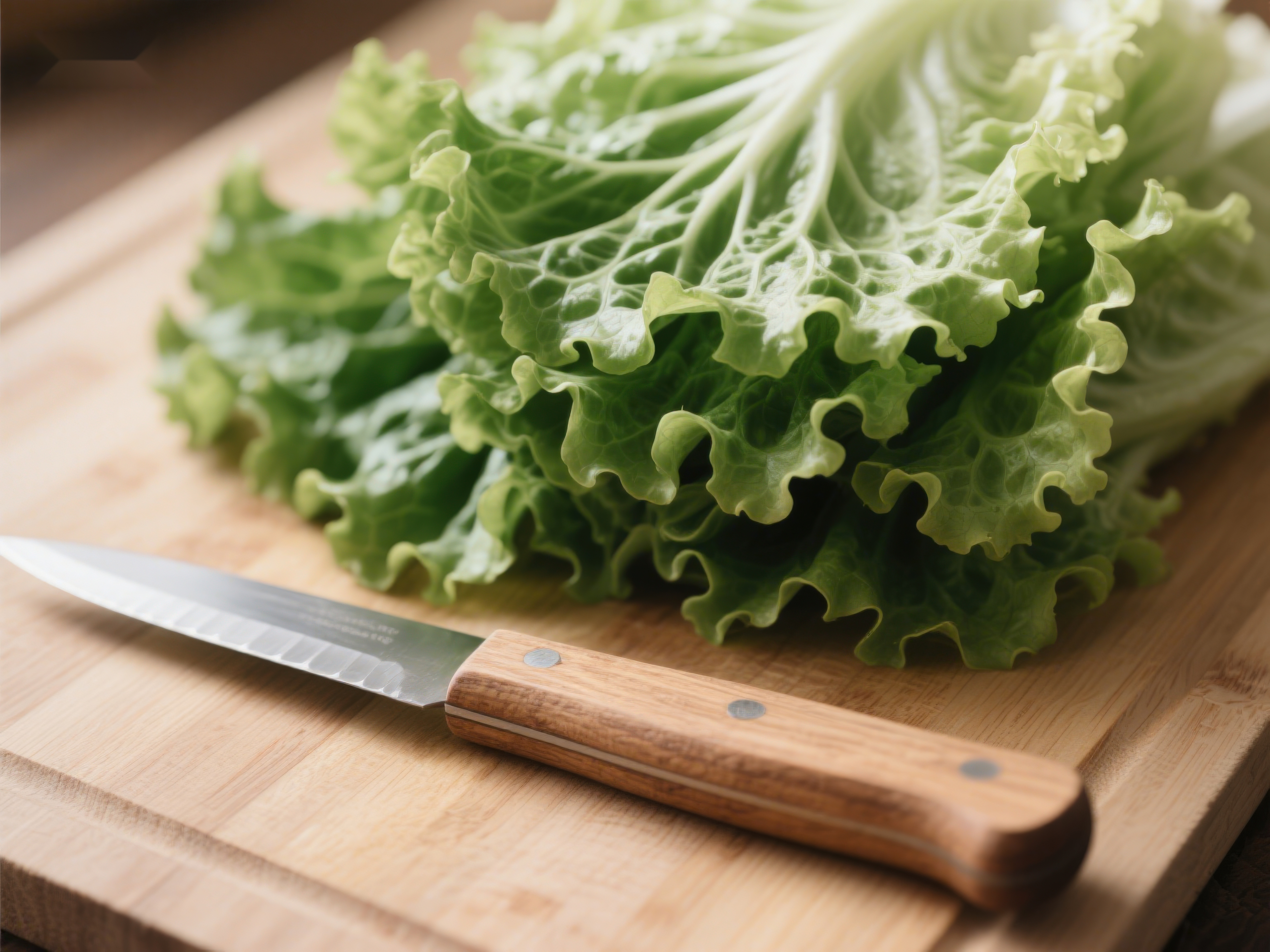 生菜与木柄刀置于砧板上素材