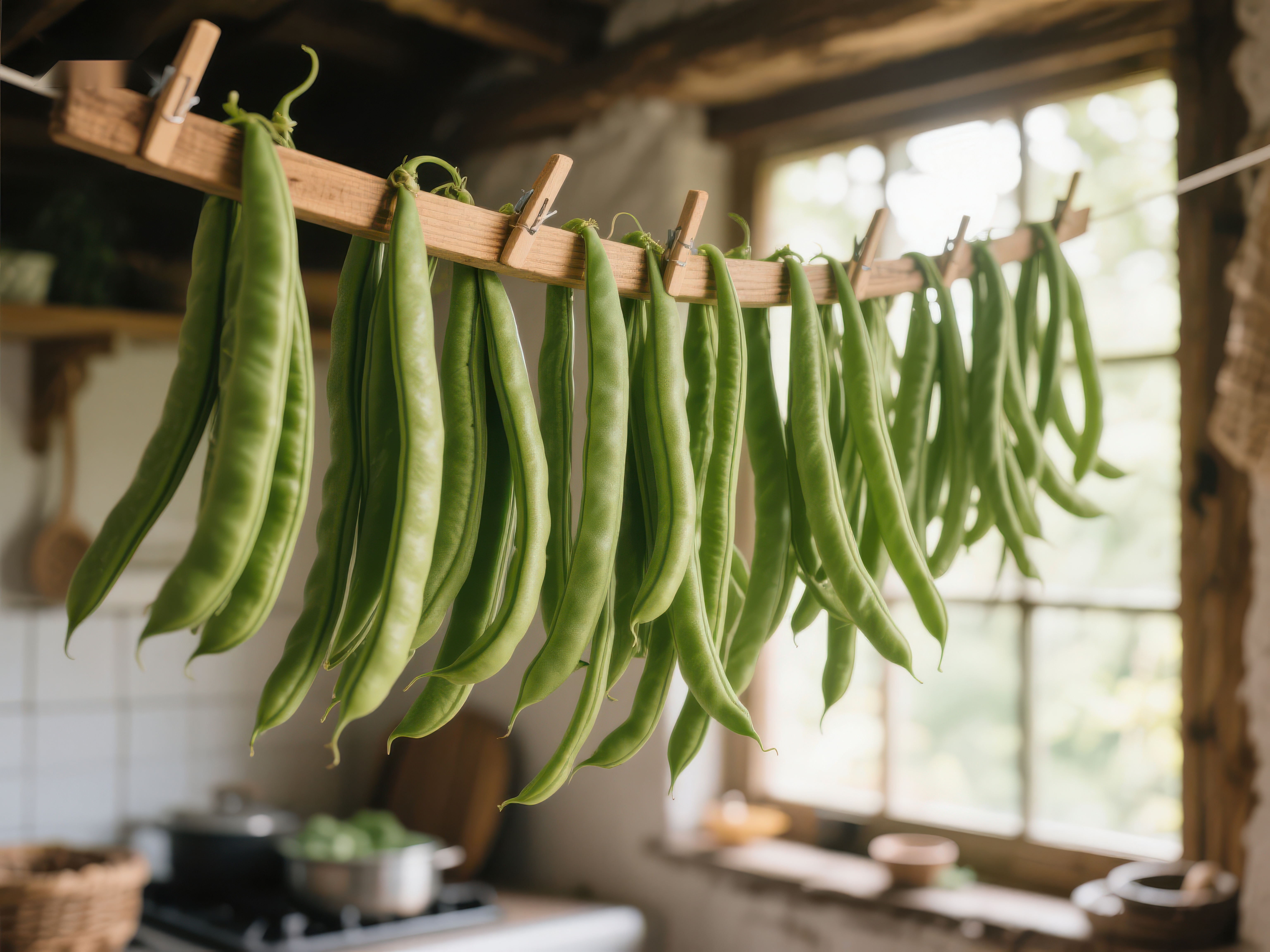 厨房中悬挂的绿色豆角素材