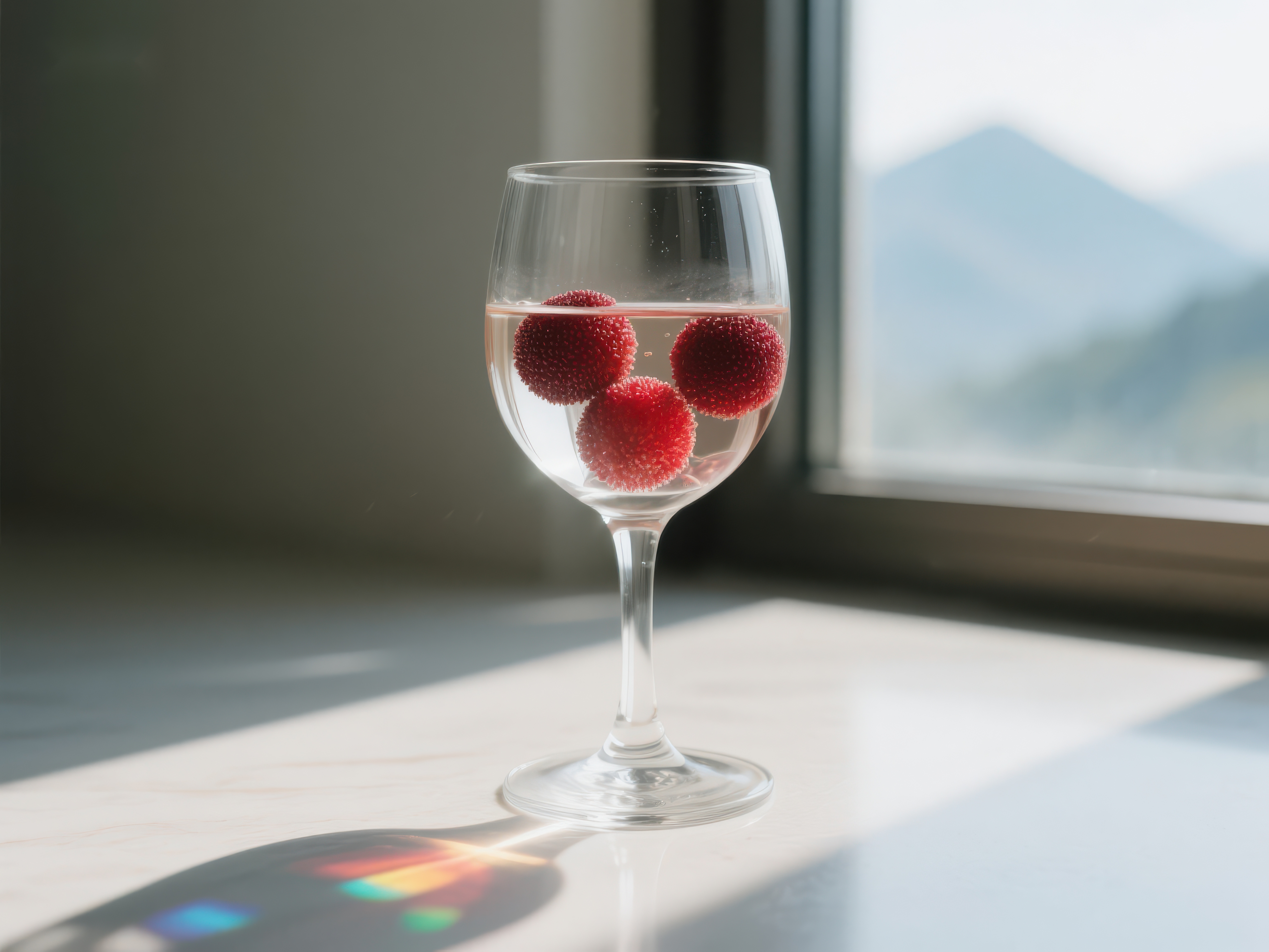 阳光下的酒杯与覆盆子素材