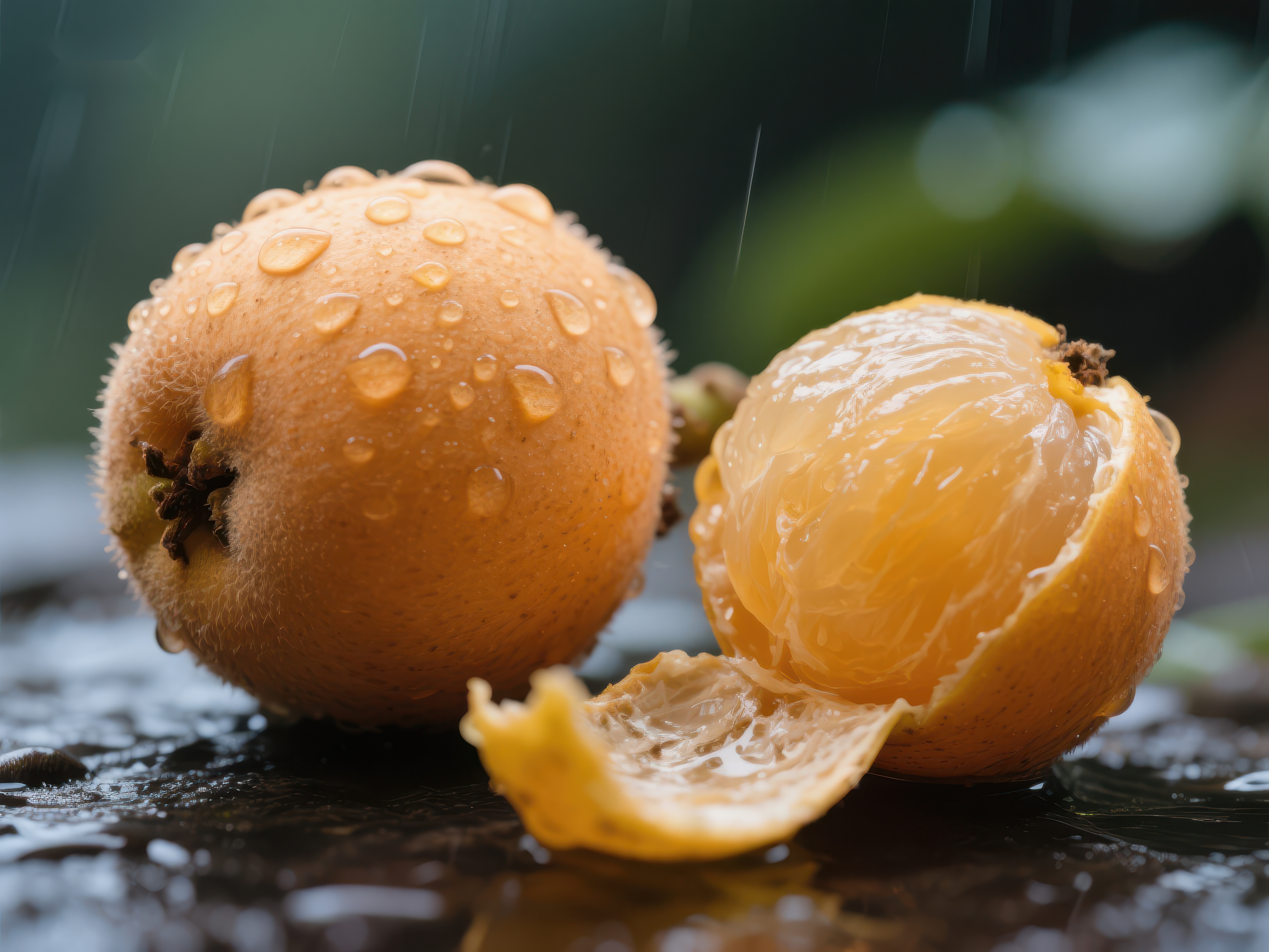 雨中新鲜枇杷一整一剥素材