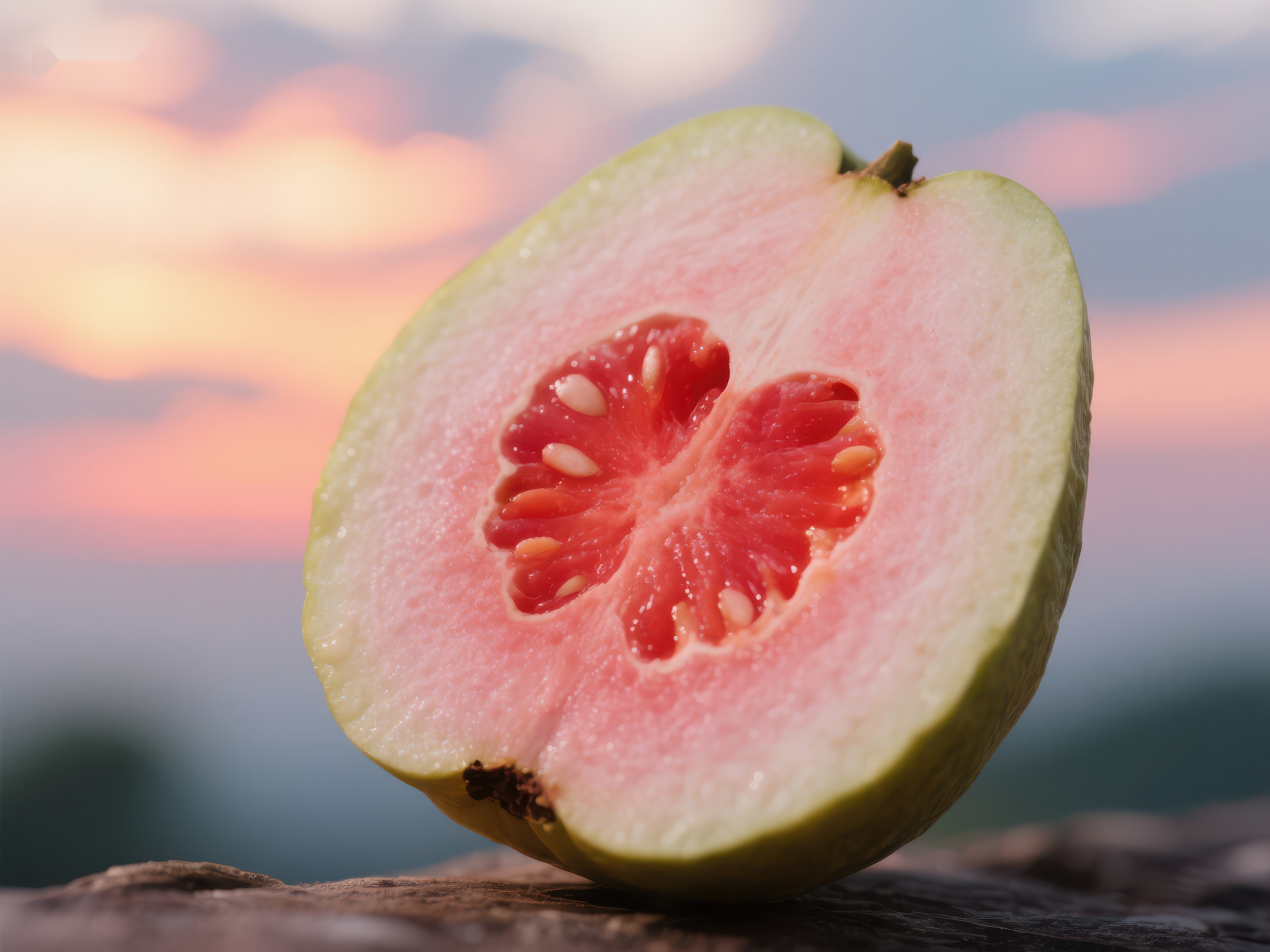切开的番石榴夕阳背景素材