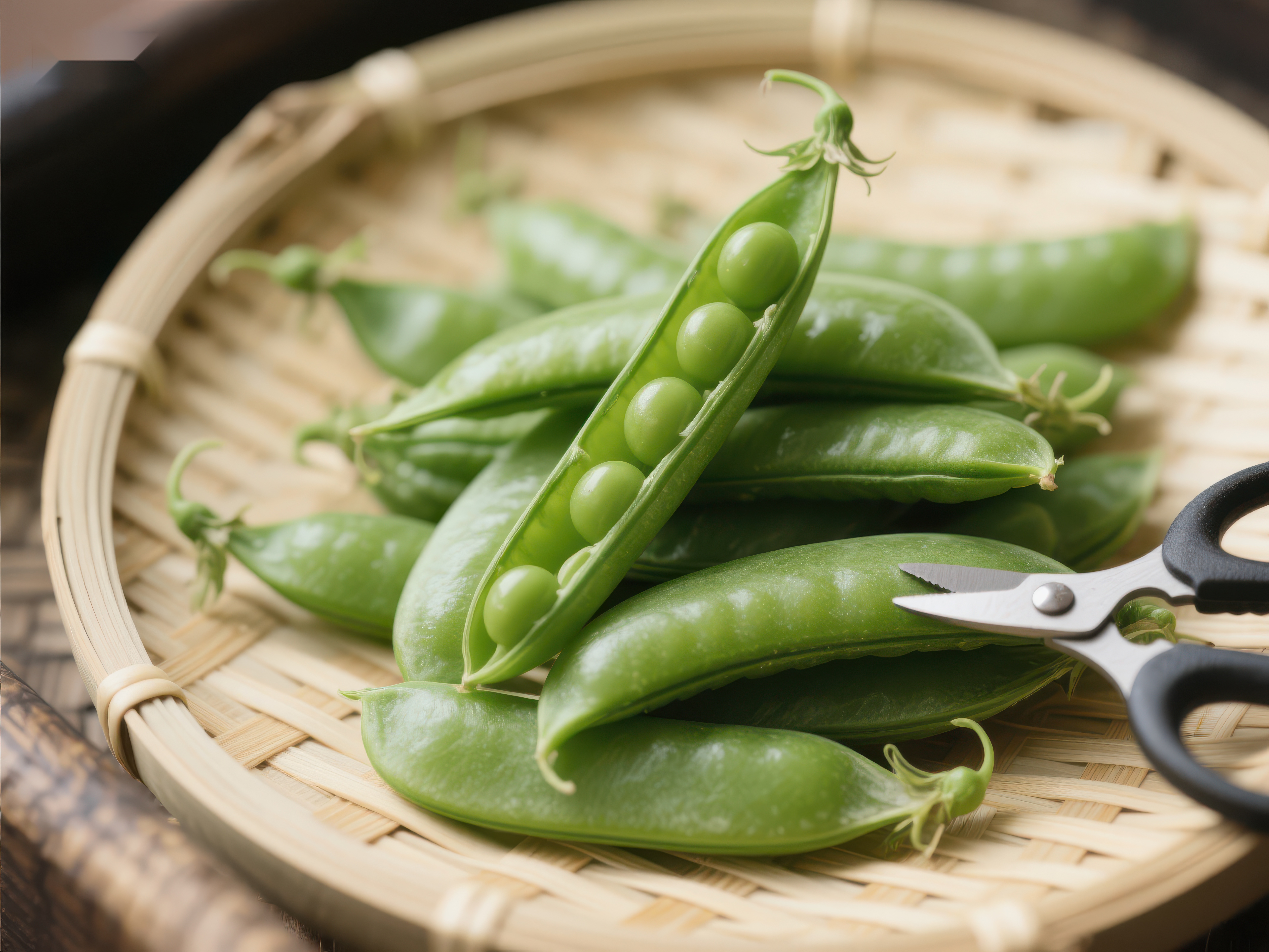 新鲜豌豆与剪刀置于竹篮素材