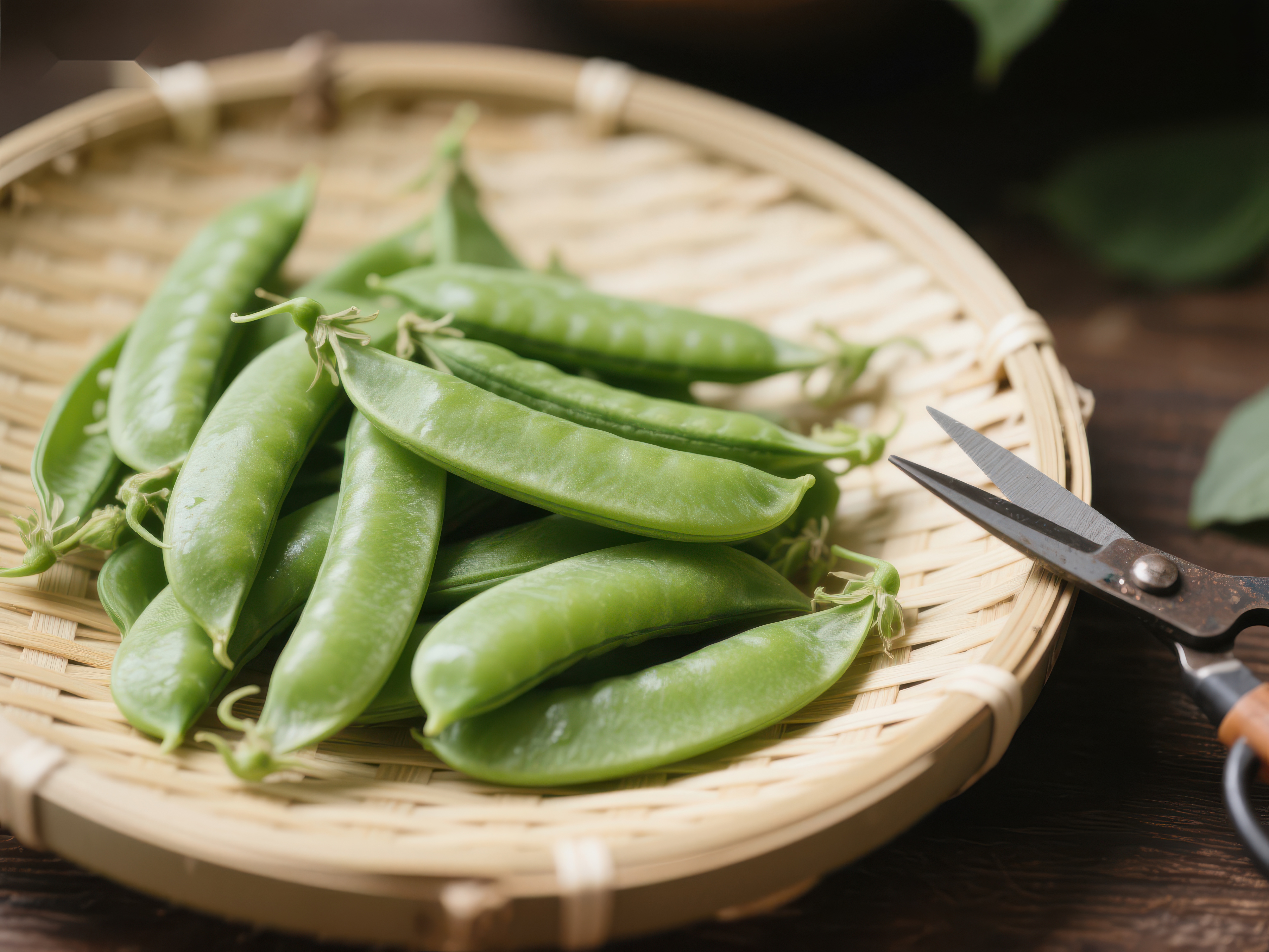 新鲜豌豆荚置于竹篮中素材