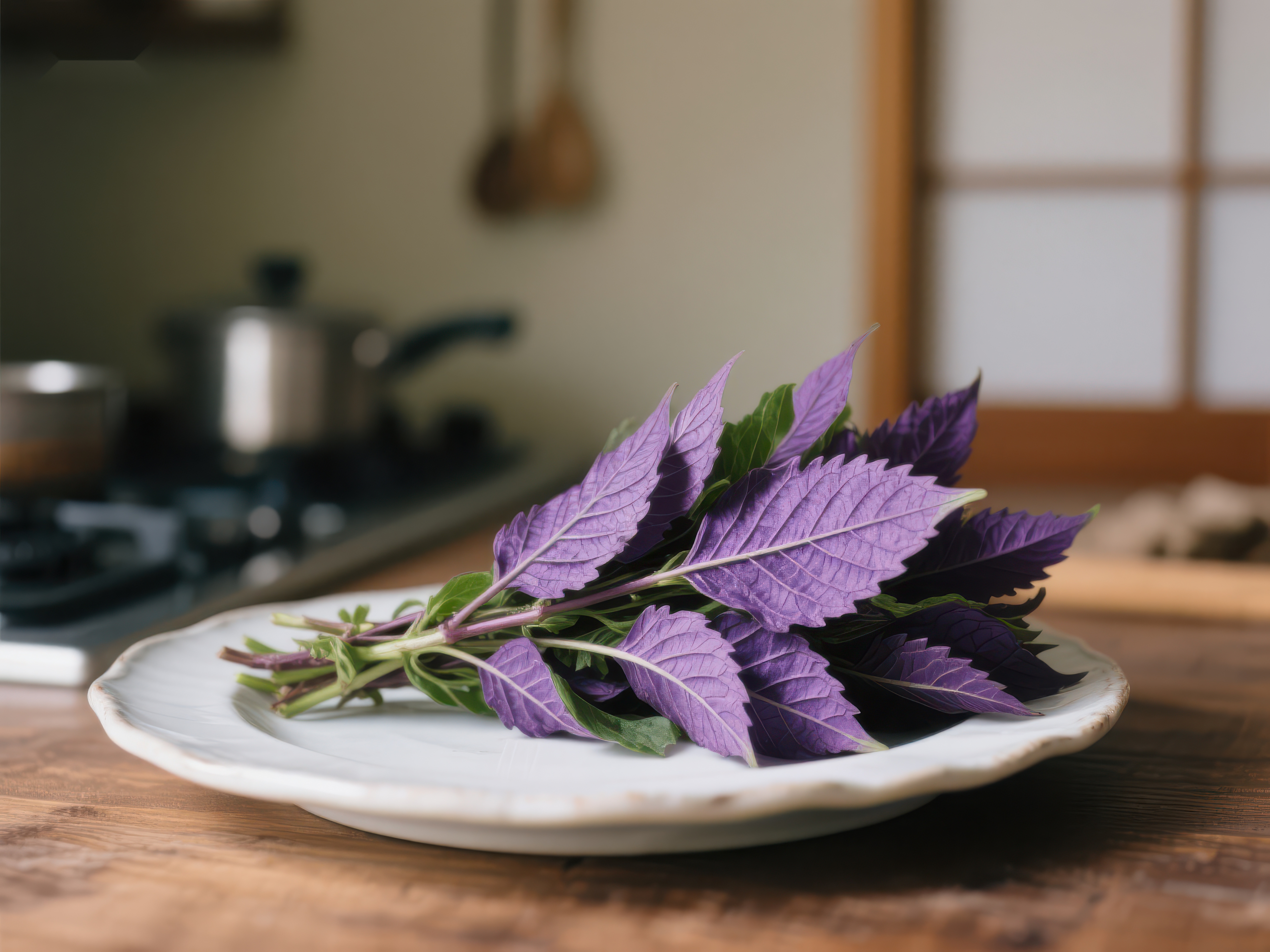 紫色香草置于厨房白盘之上素材