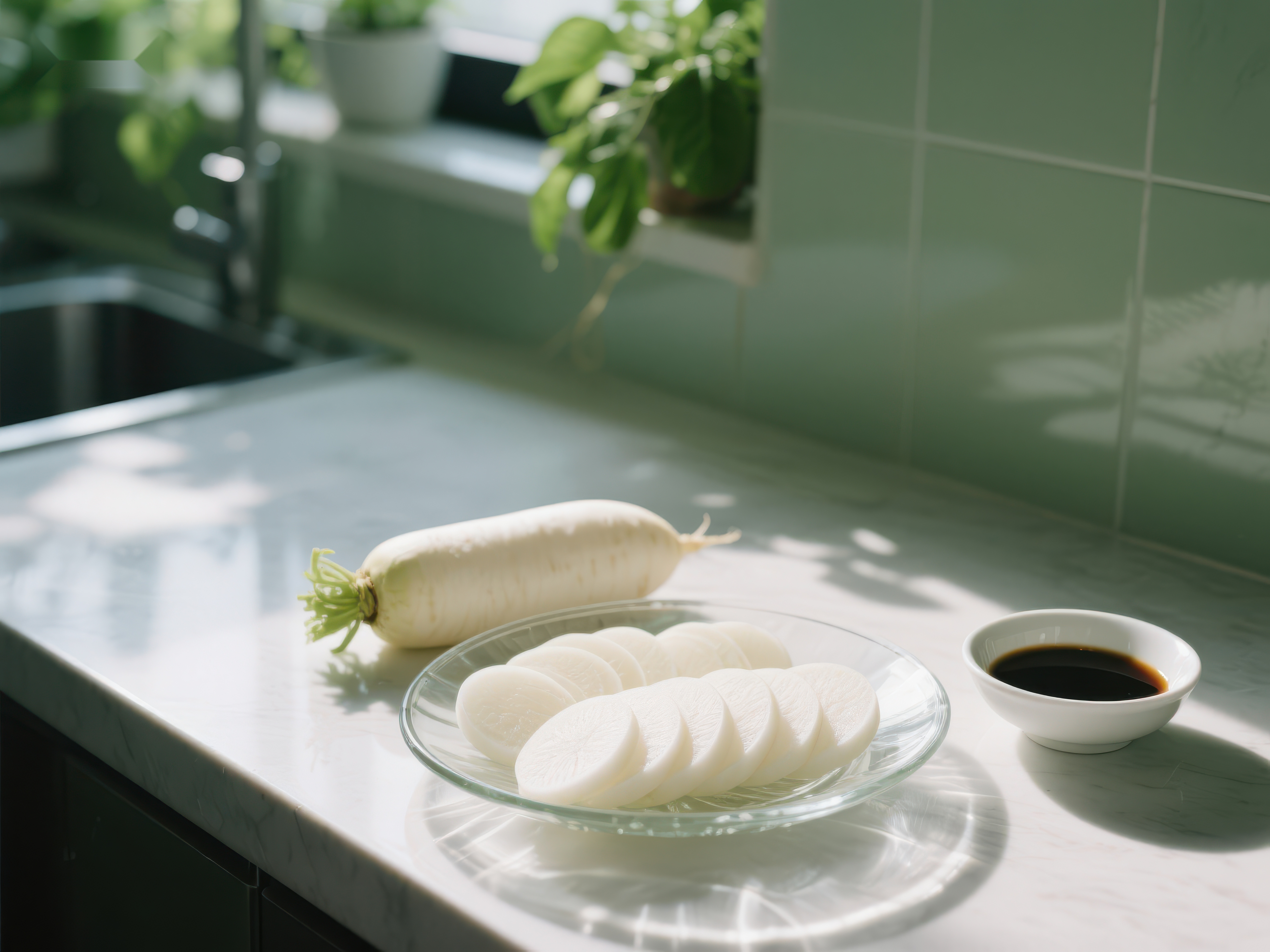 厨房台面上的白萝卜切片与酱油碟素材
