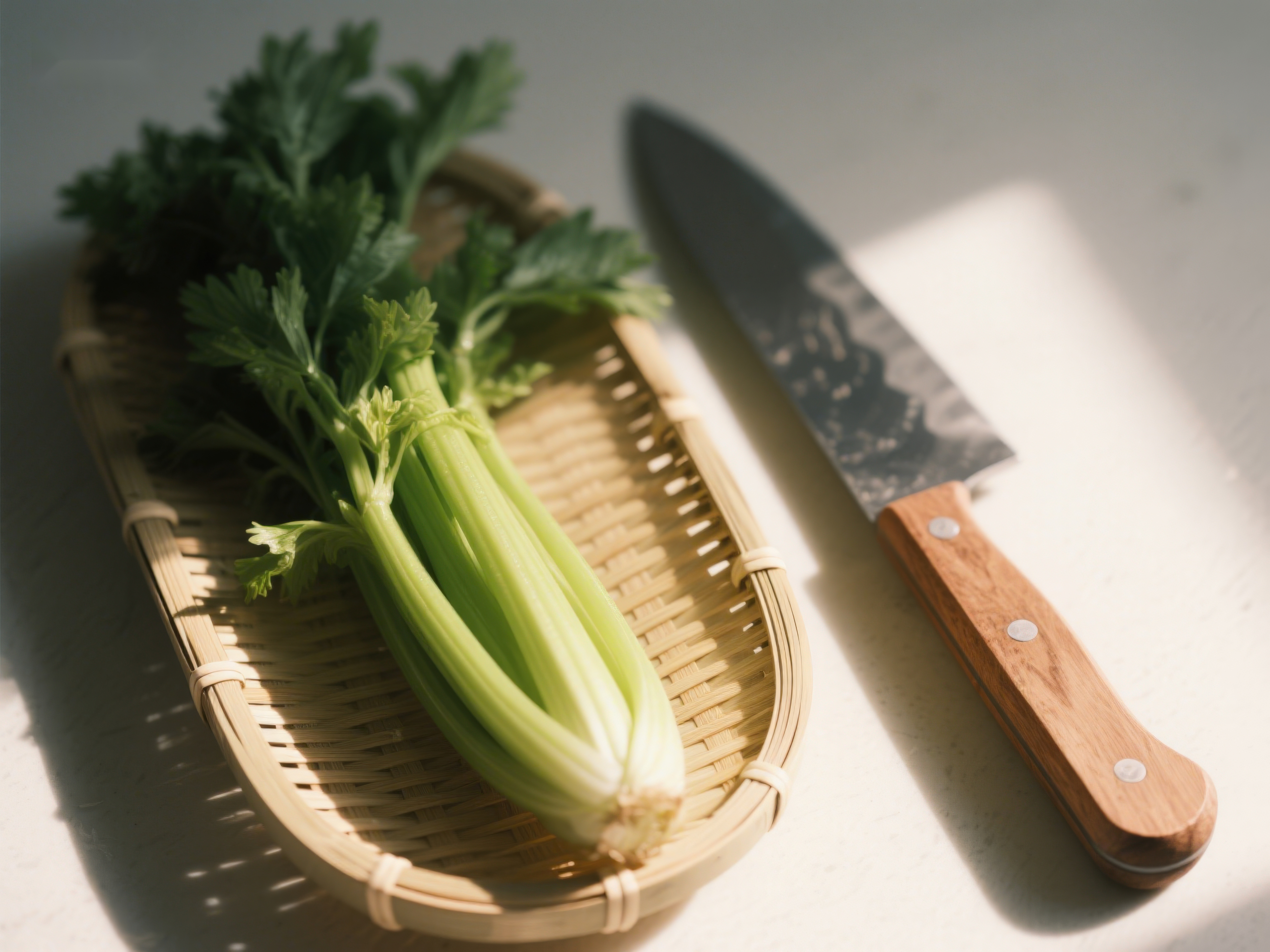 芹菜与刀具静置竹篮素材