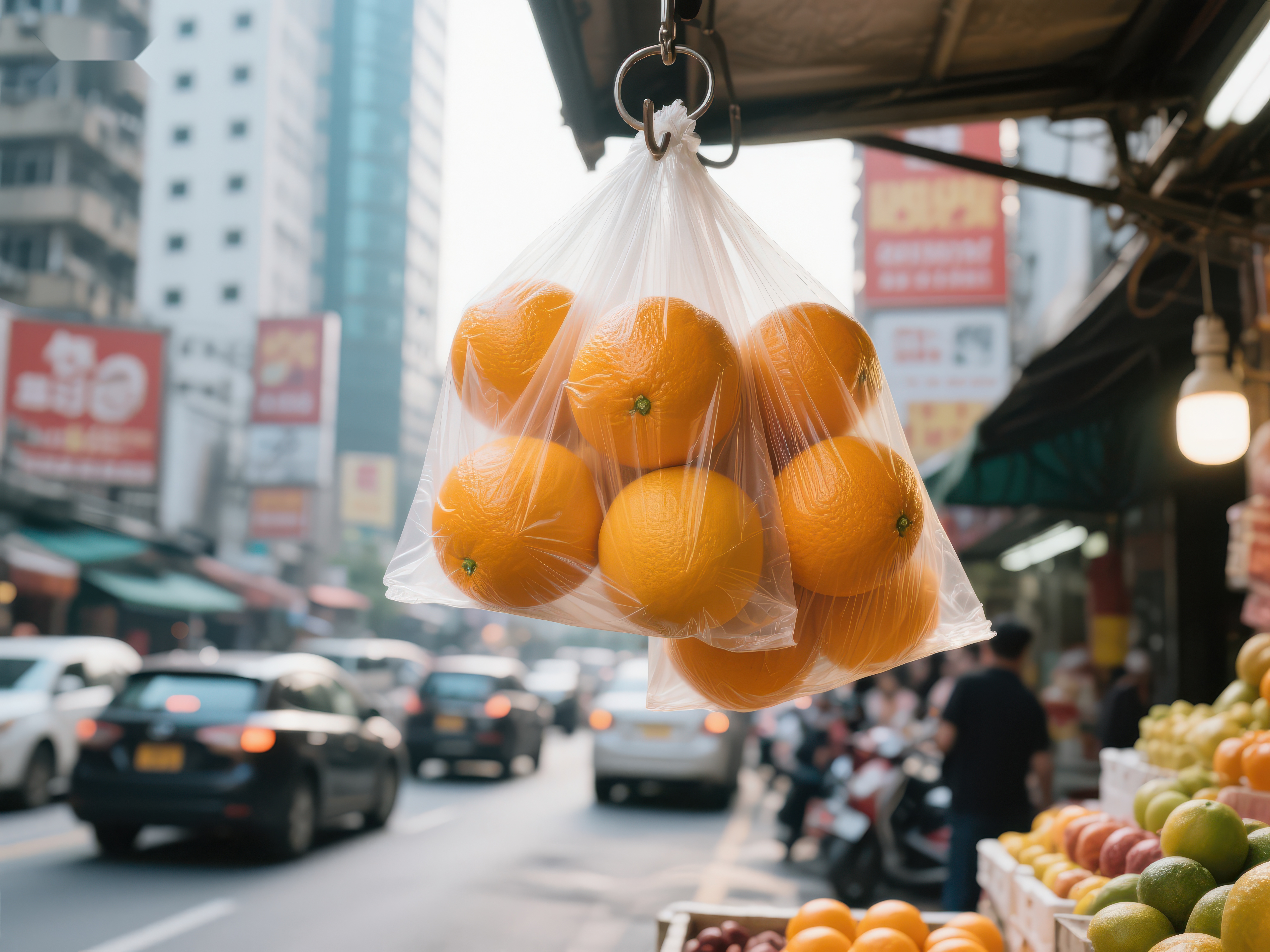 街头悬挂的橙子袋素材