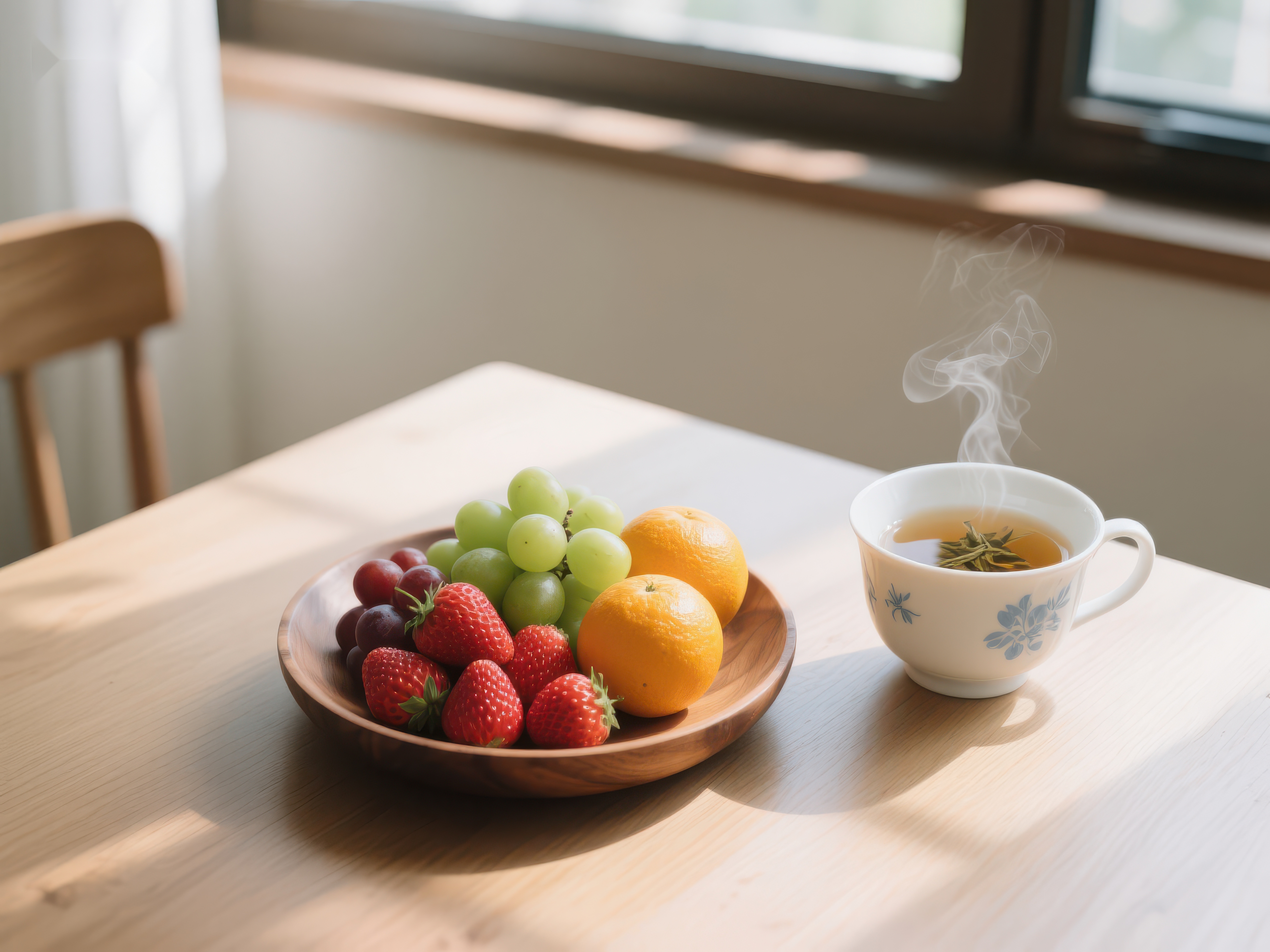 热茶与新鲜水果的温馨早餐素材