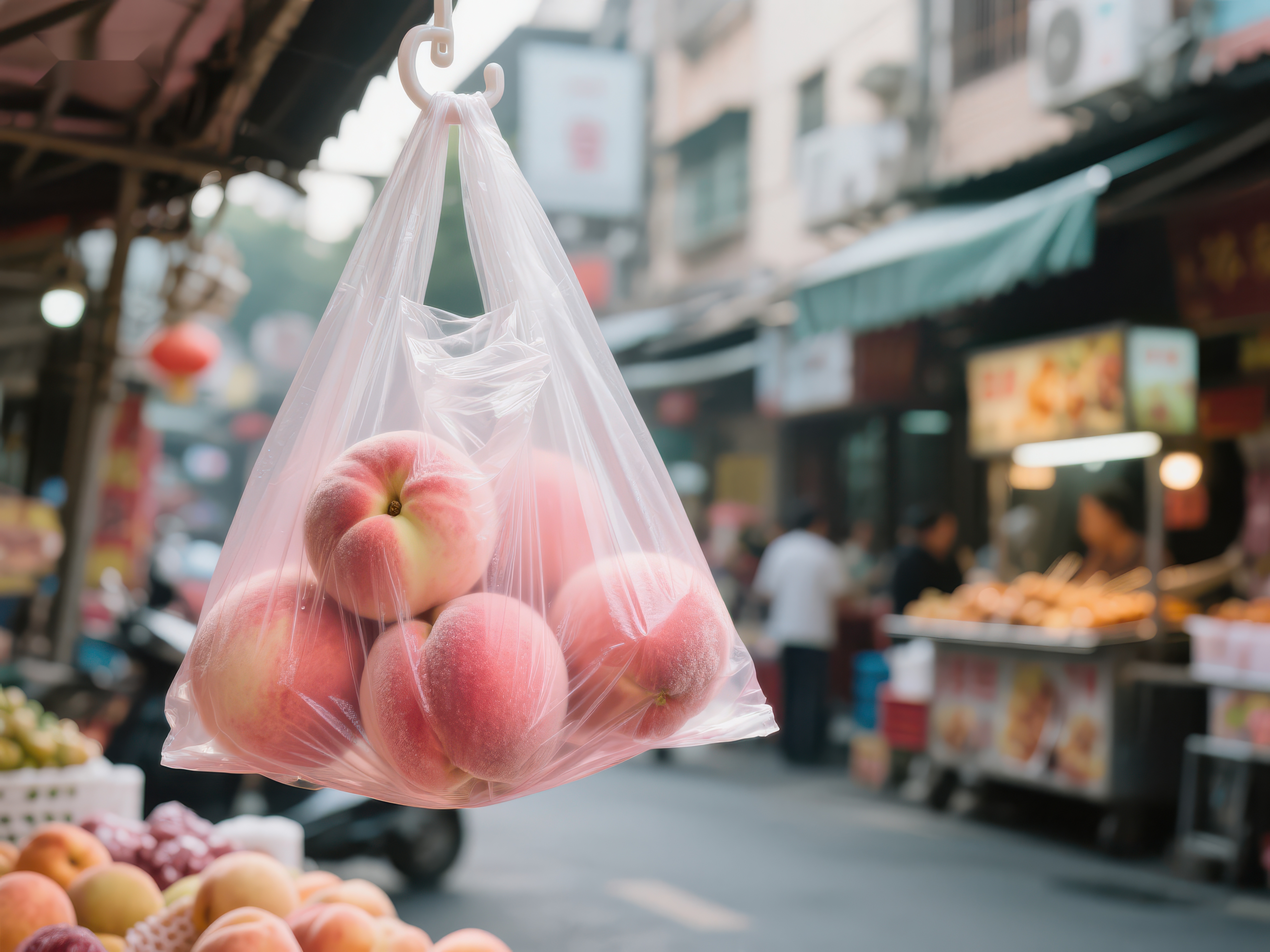 市场街景中的桃子塑料袋素材