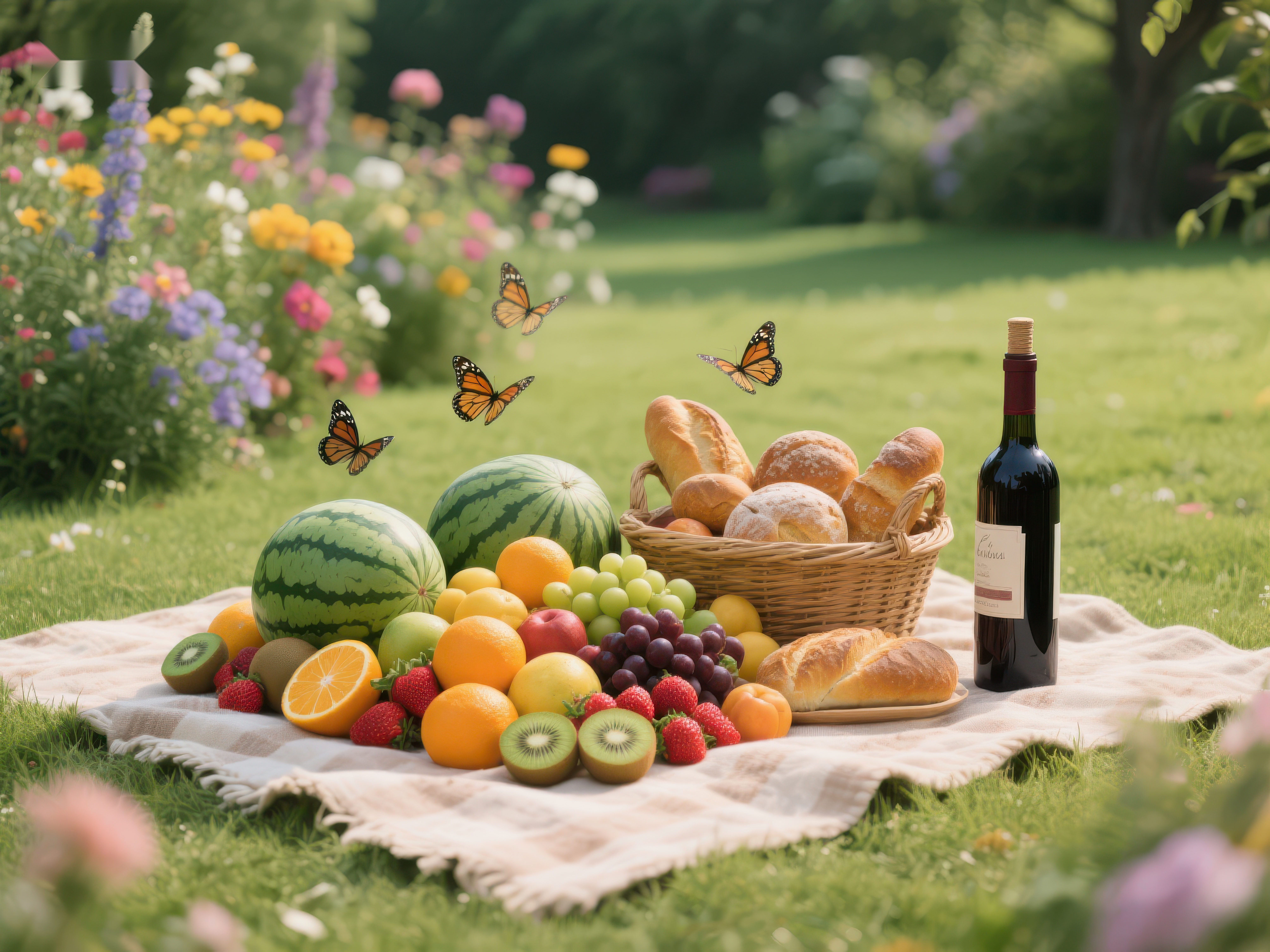 花园野餐水果面包与美酒素材