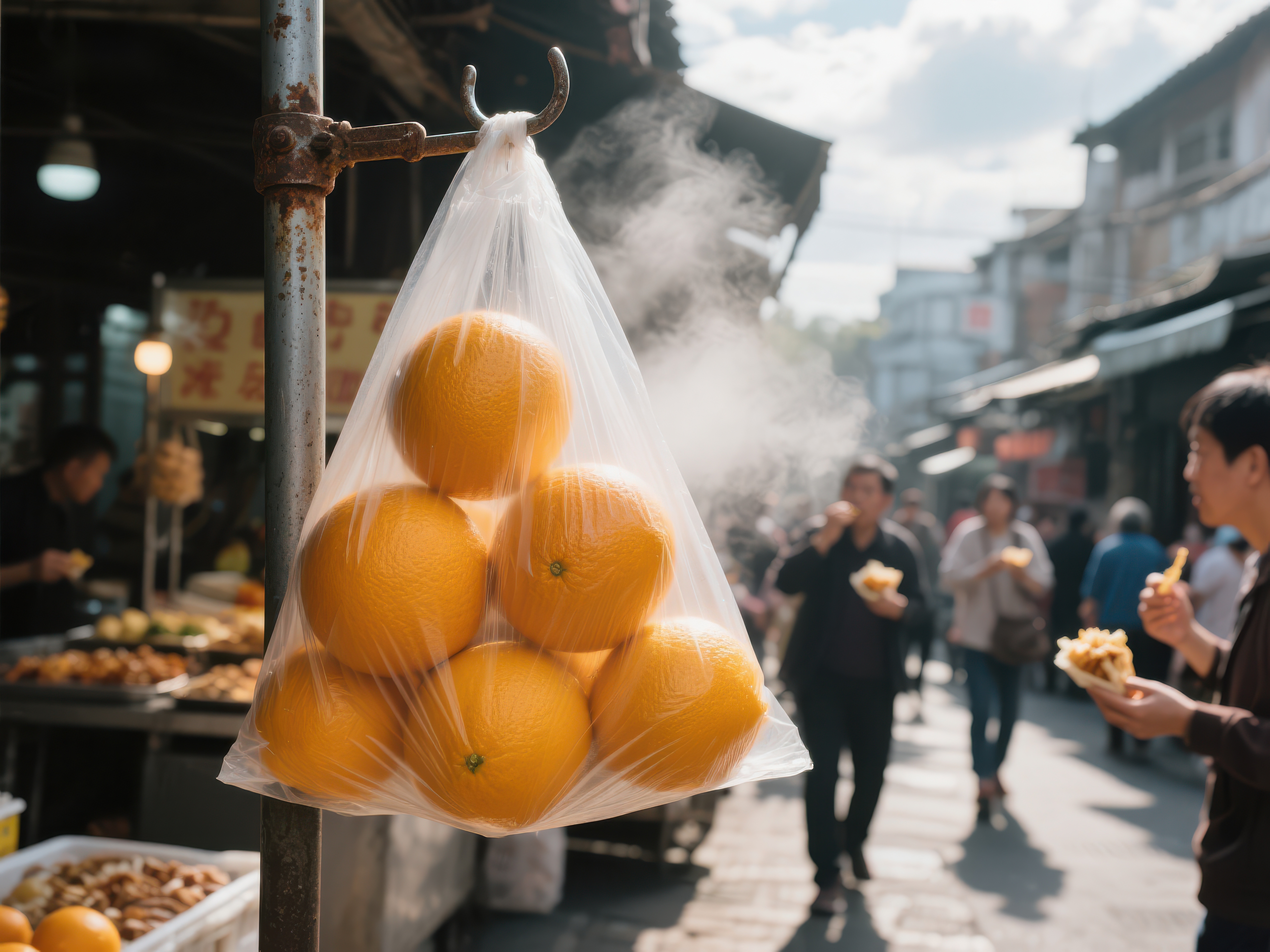 市场摊位上悬挂的橙子素材
