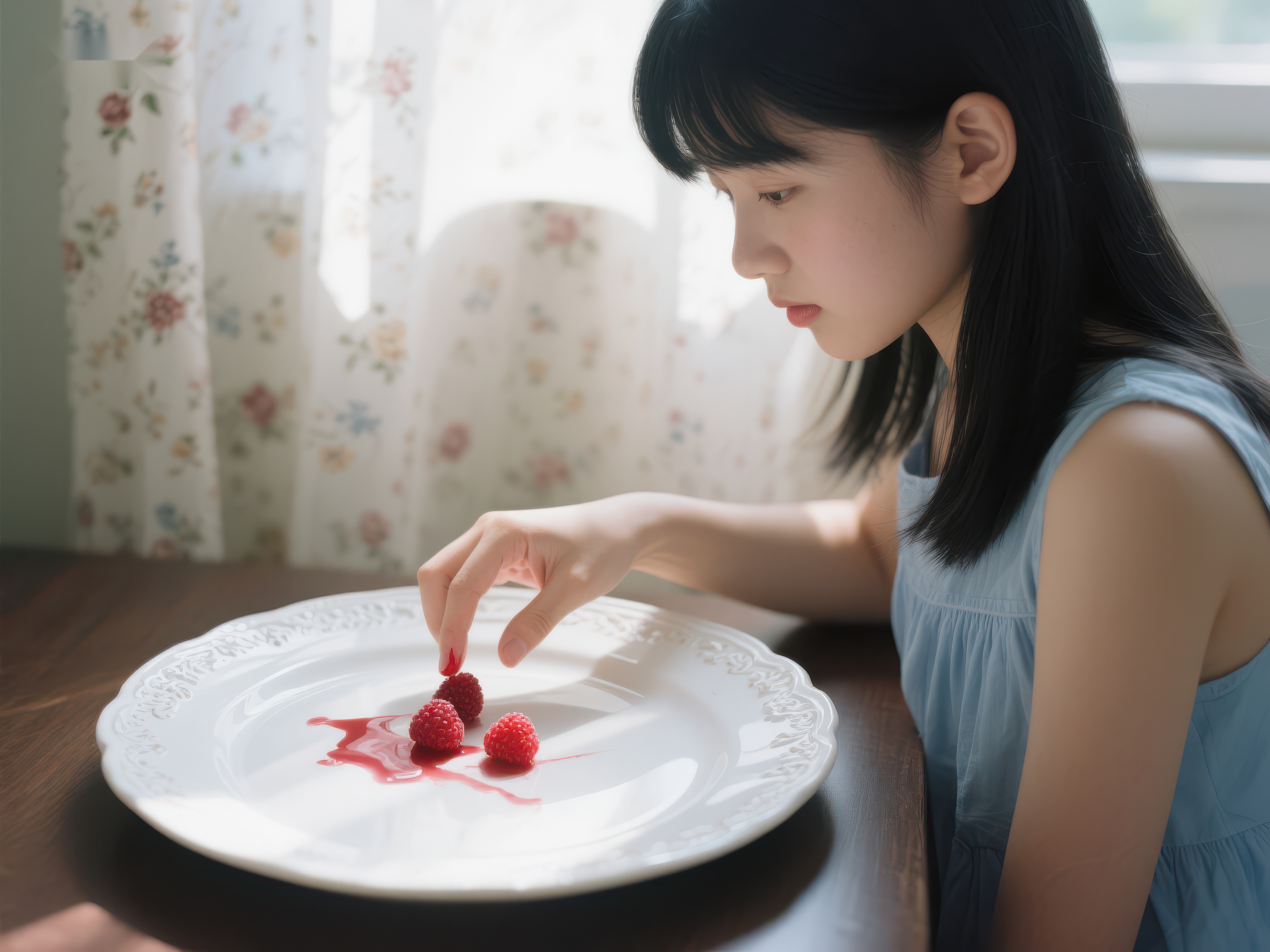 女孩轻触盘中覆盆子素材