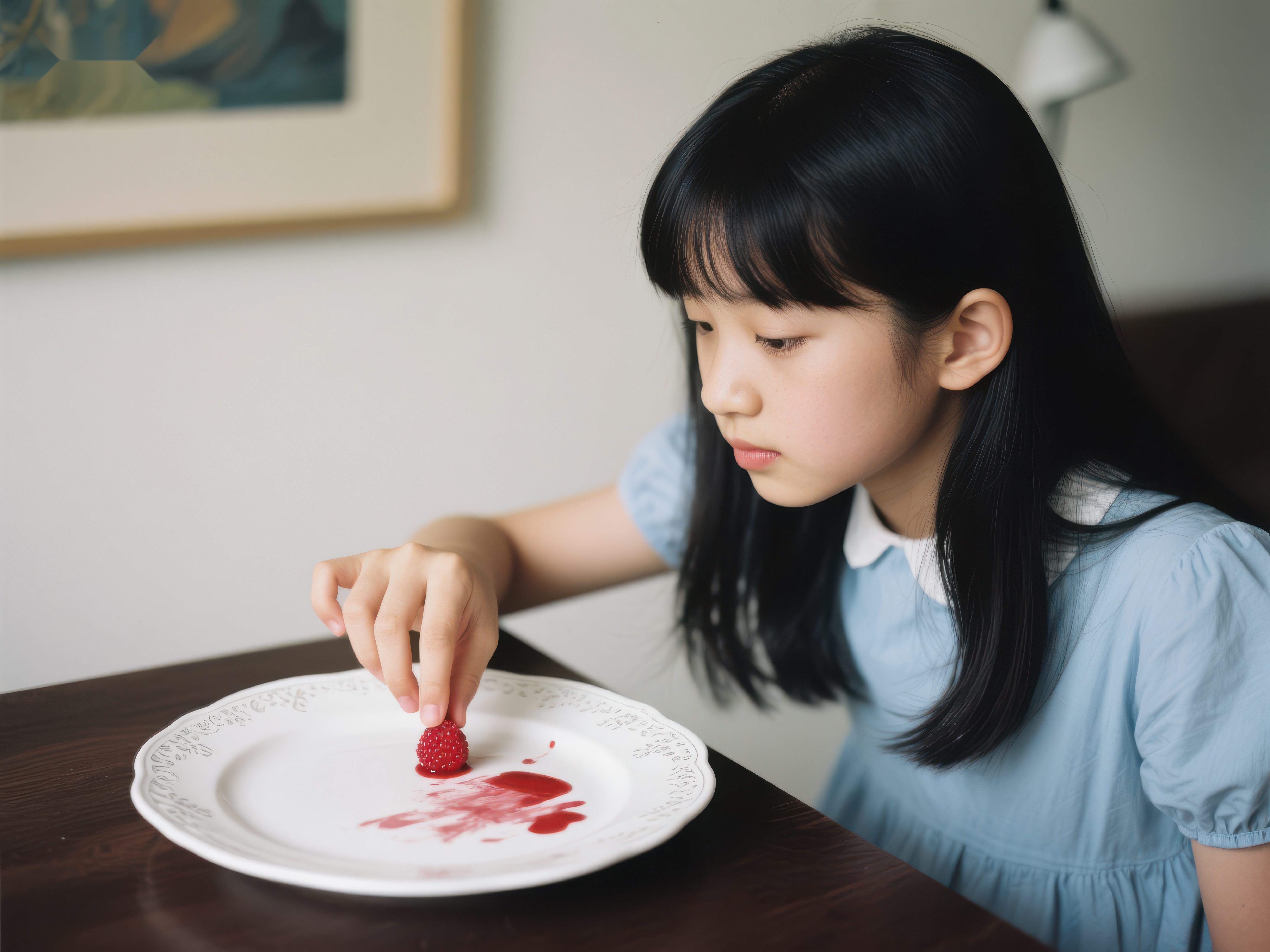 小女孩专注地品尝草莓素材