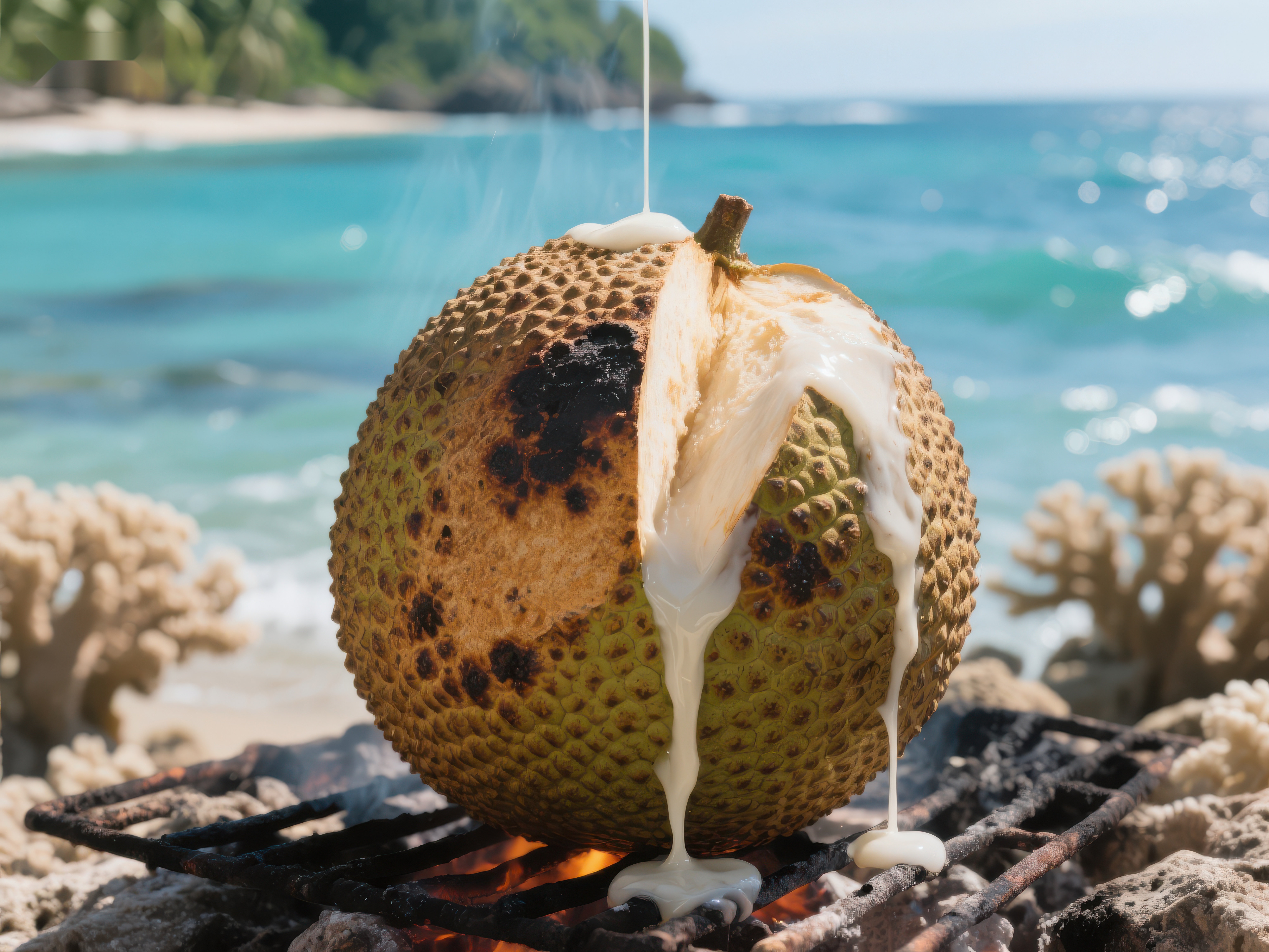 海边烧烤菠萝蜜奶香四溢素材