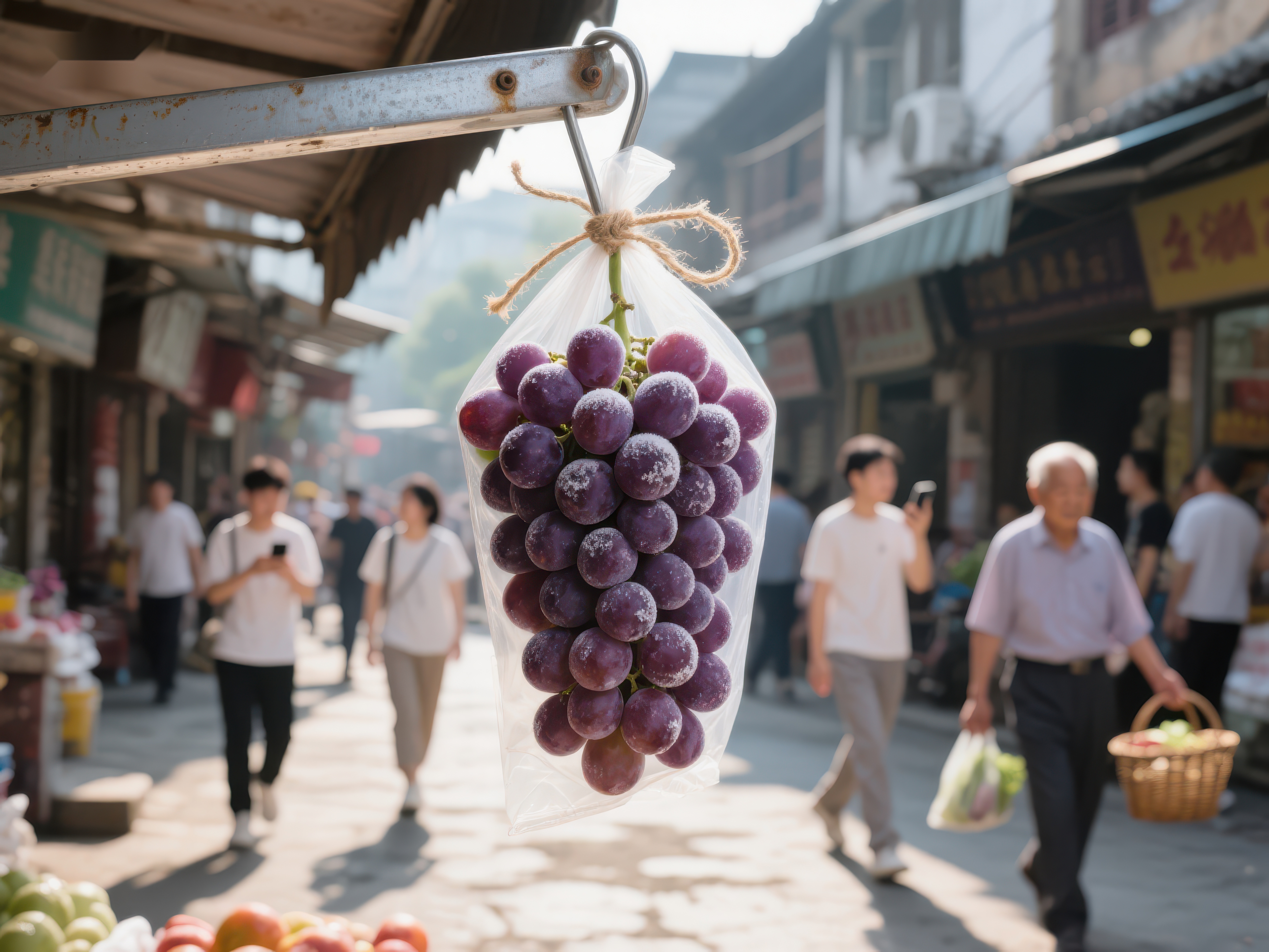 市场街景葡萄挂售行人穿梭素材