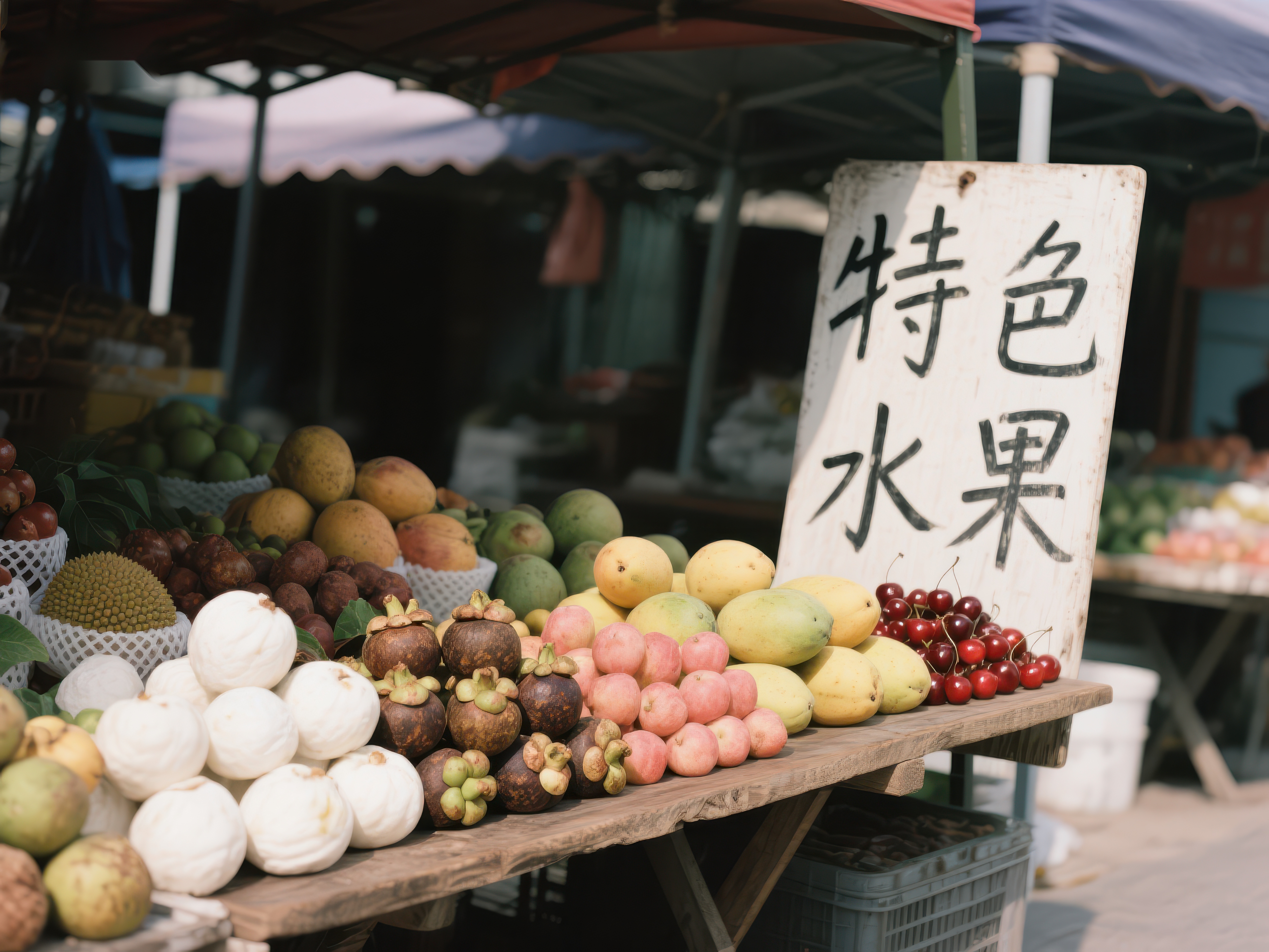 市场摊位展示特色水果素材