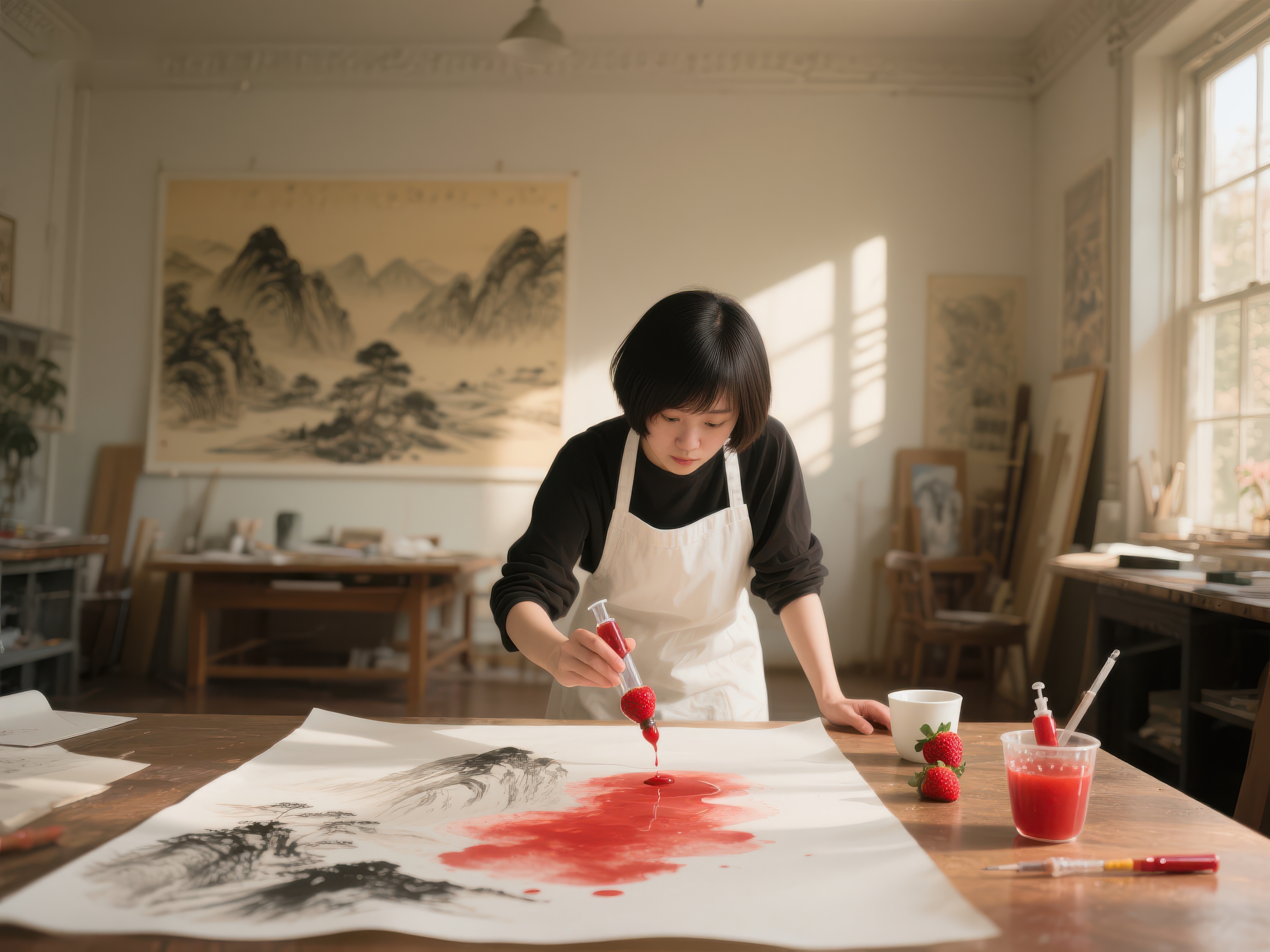 艺术家专注创作水墨画素材