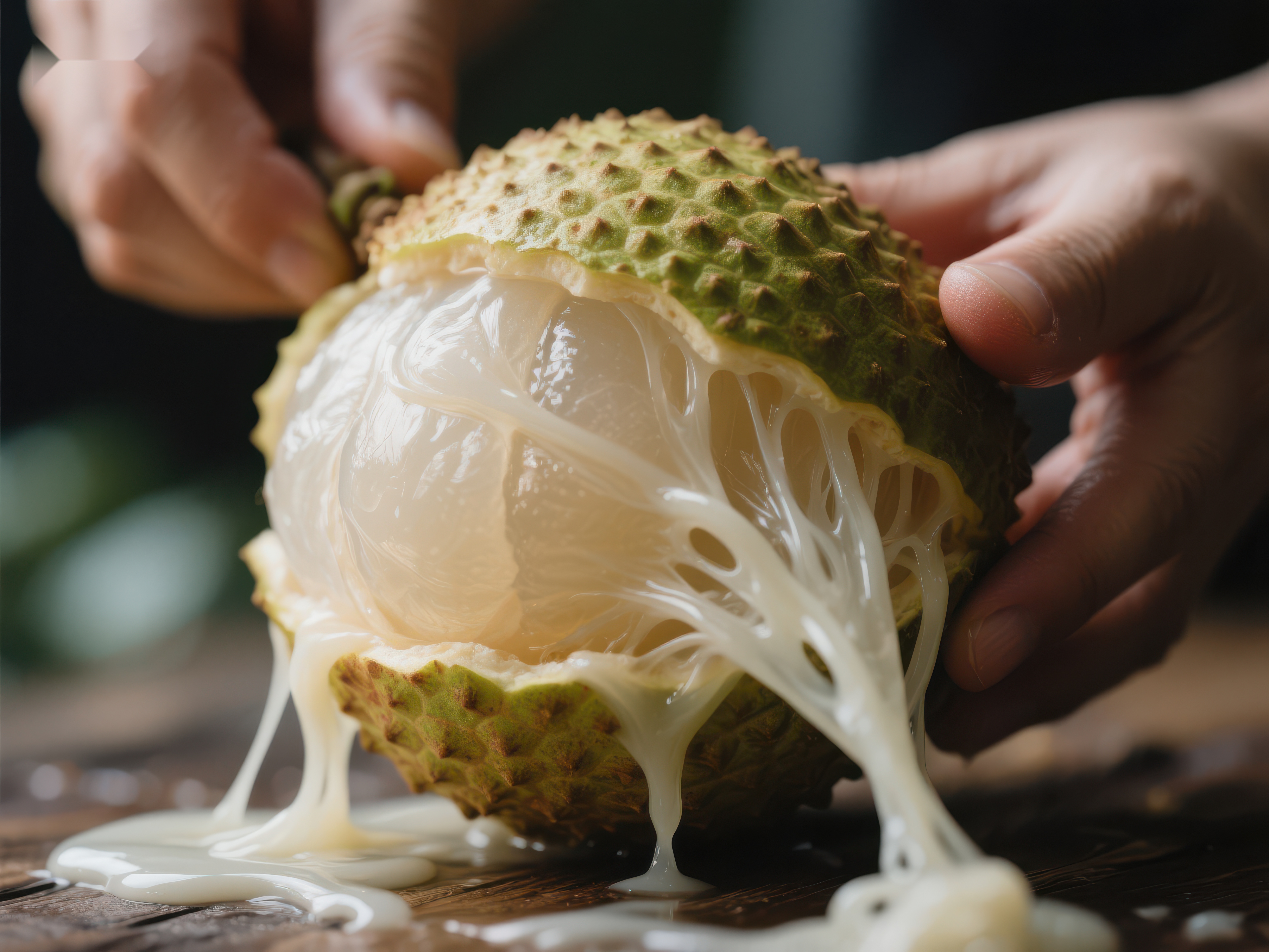 手剥刺果乳白色果肉流出素材