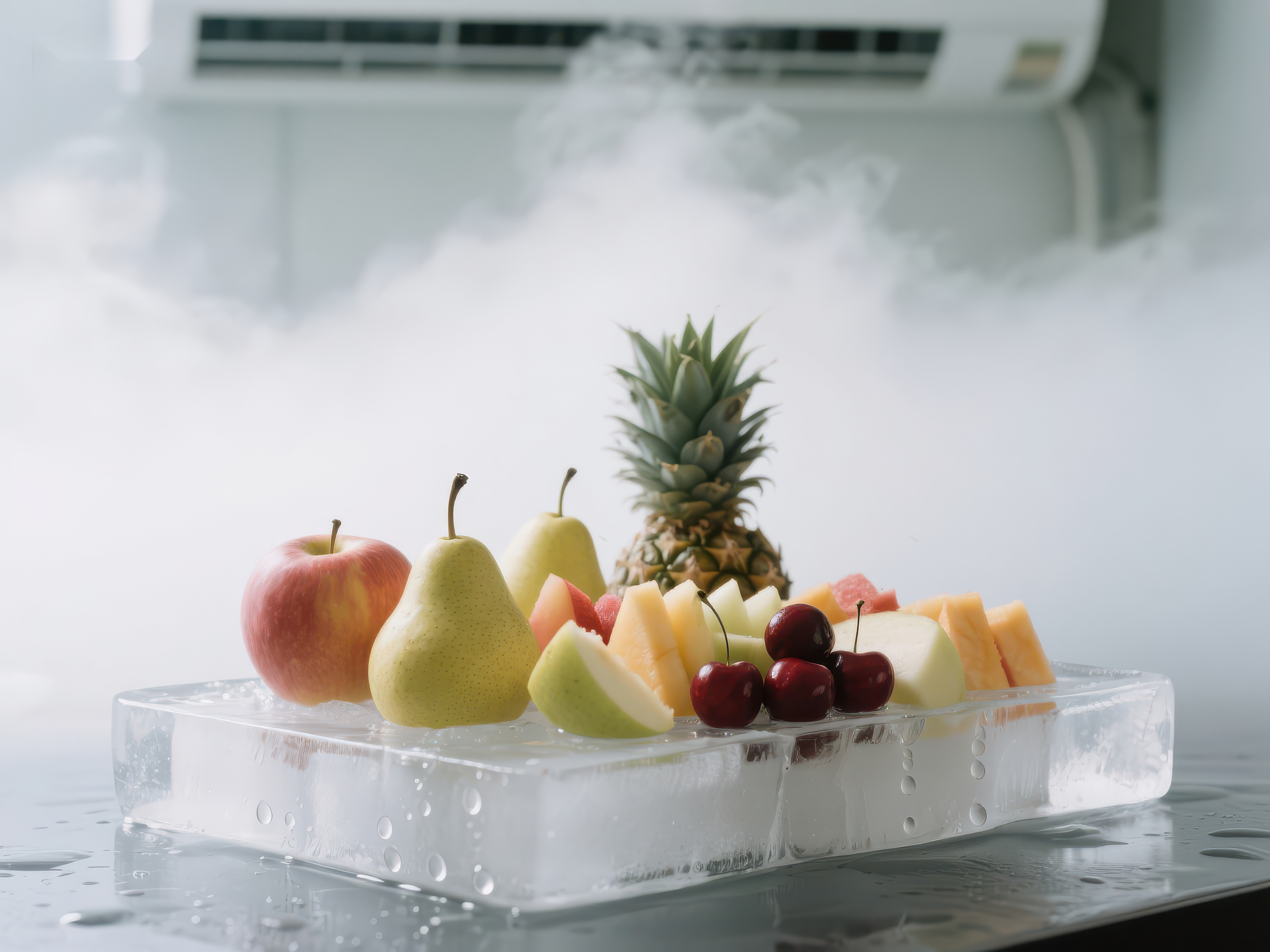 冰盘上的新鲜水果与烟雾效果素材