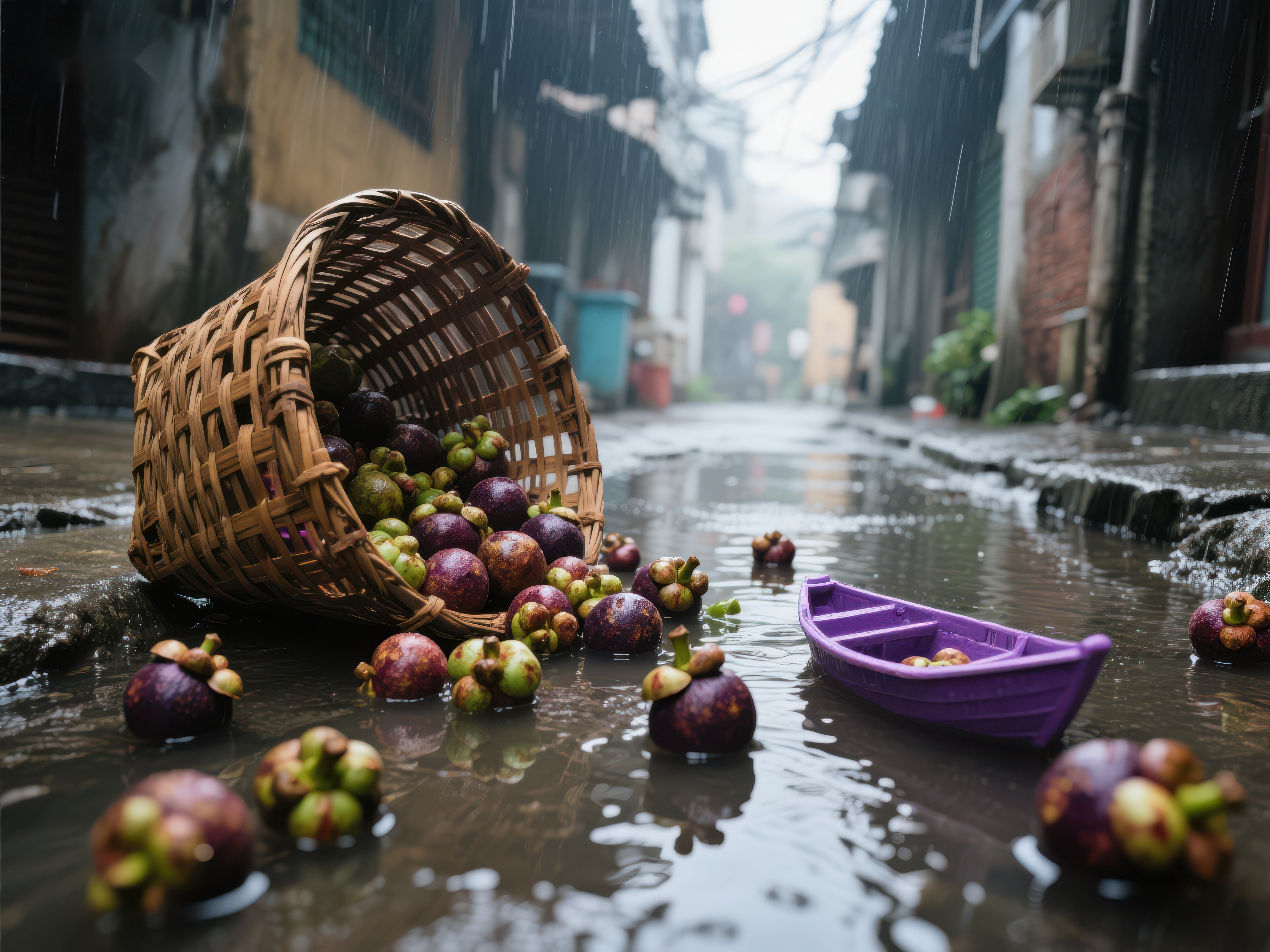 雨中倾倒的水果篮与小船素材
