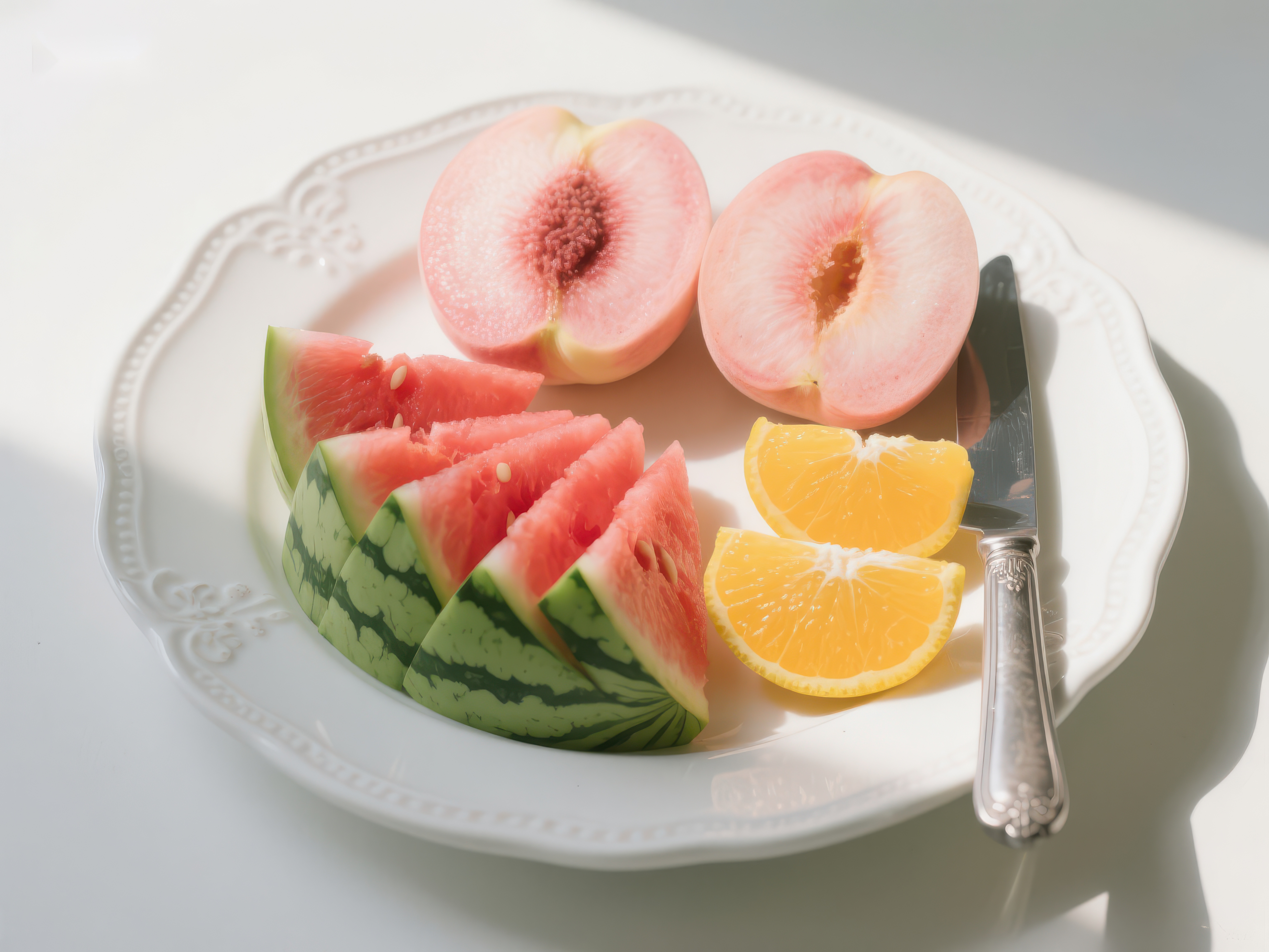 夏日水果拼盘桃子西瓜与橙片素材