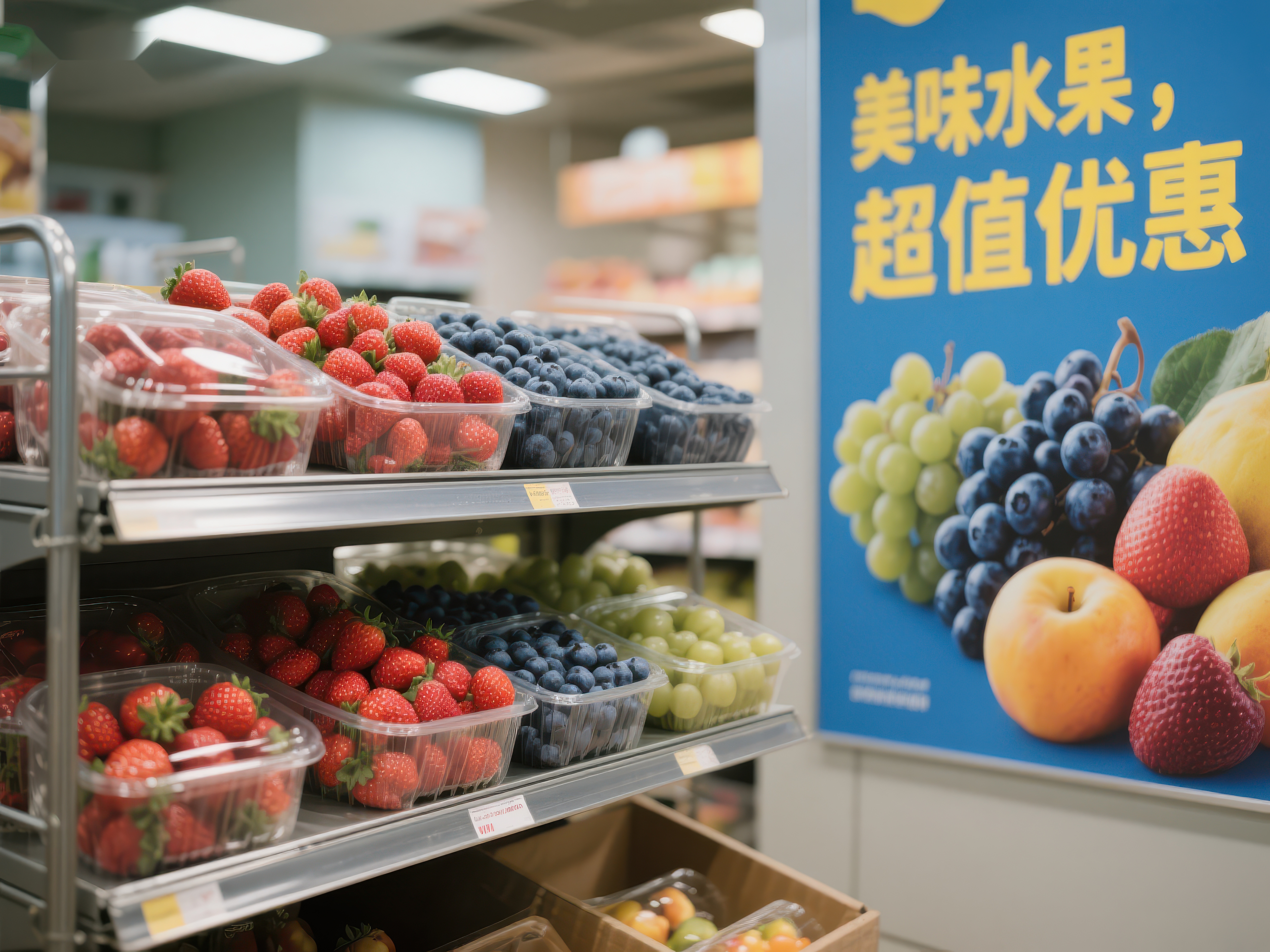 超市水果区展示新鲜草莓蓝莓素材